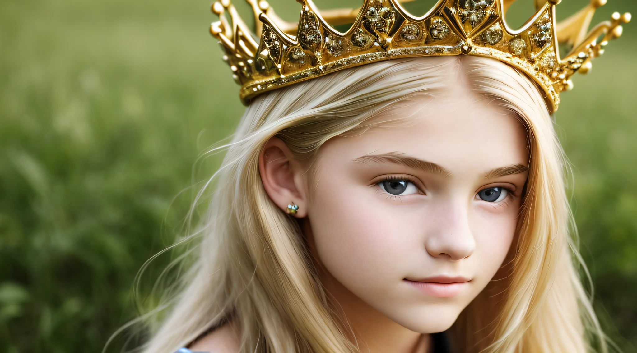 14-YEAR-OLD GIRL WITH LONG BLONDE HAIR, A closeup, CROWN.