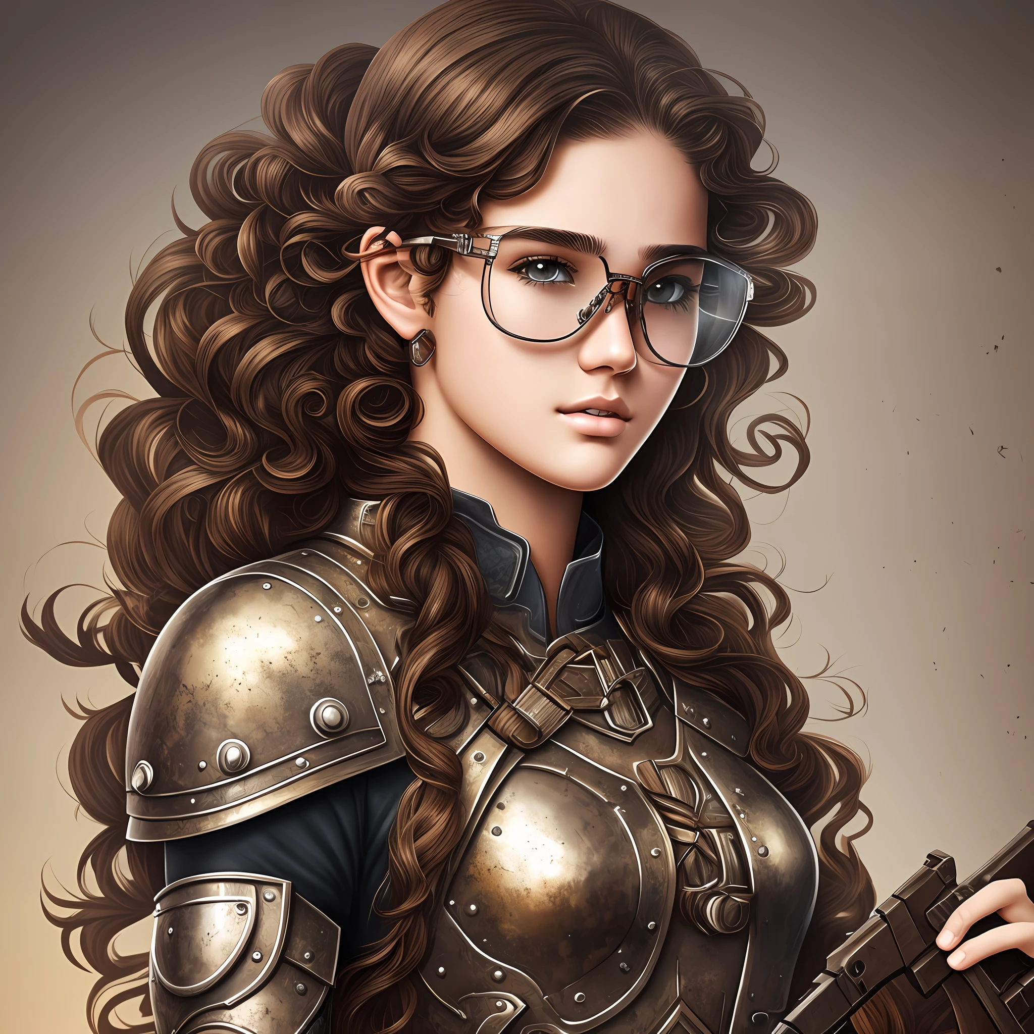 19 year old girl,Brazilian face without being with drawing aspect, with medium curly hair,wearing transparent glasses,half defined detailed face,brown eyes, wearing an armor and holding a gun,good image quality --auto --s2