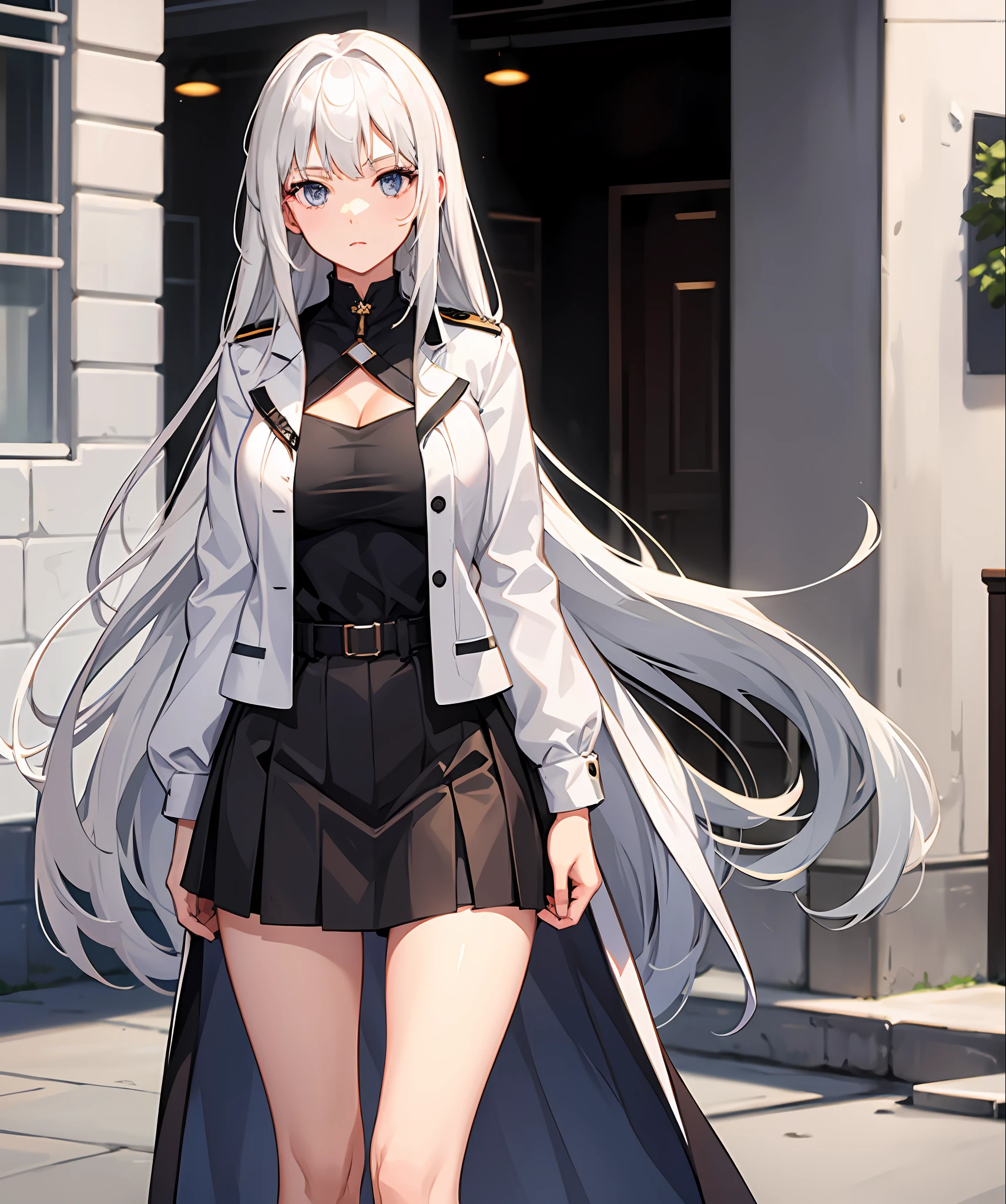 1 girl, short skirt, cleavage, medium breast, army, White hair, long hair, slim legs