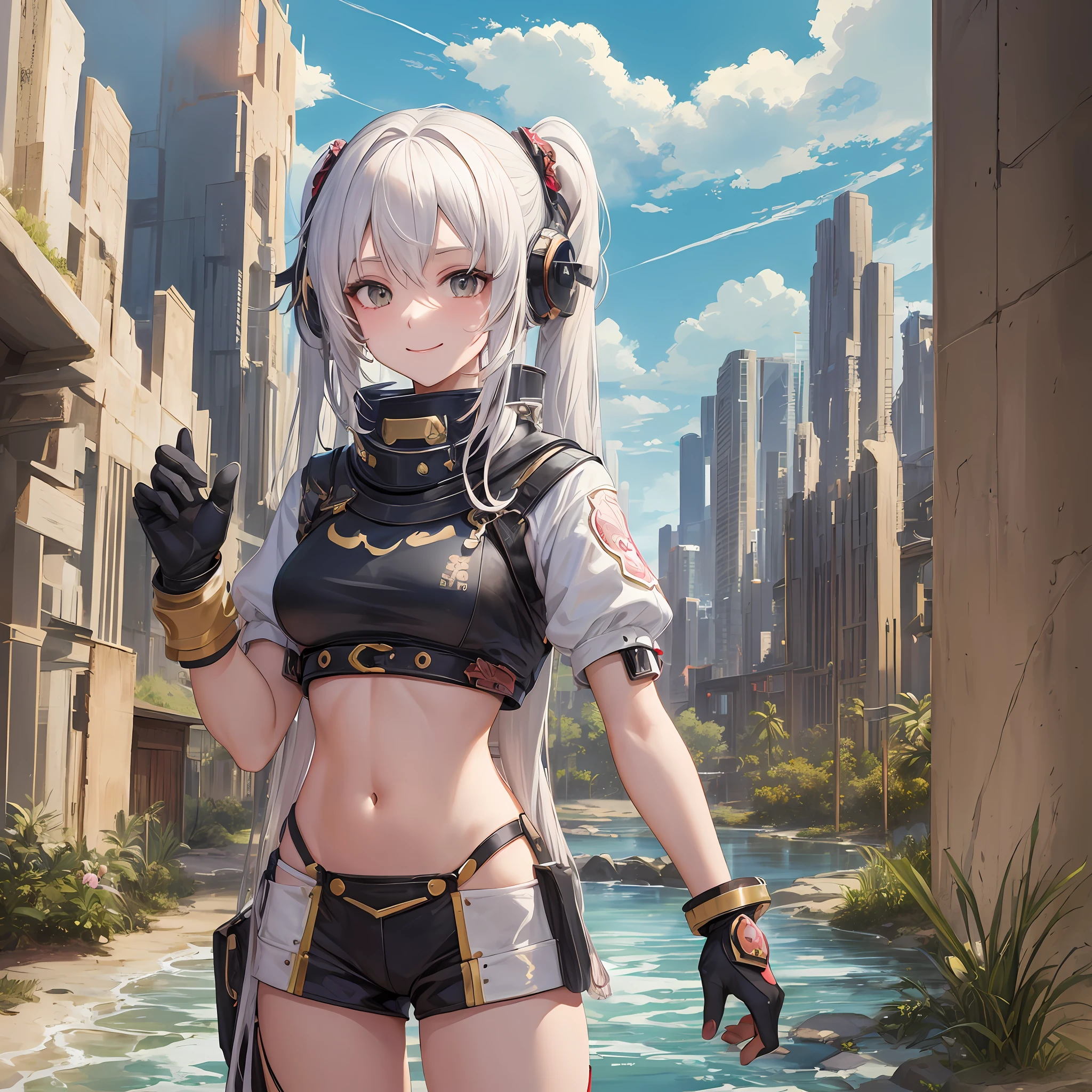 (masterpiece), top quality, excellent anatomy, shuimobi sim, (1 girl: 1), (upper body), (smile), (ecchi 0.5), (tree: 0.5), (flower: 0.6), (wooden house: 0.2), (bamboo forest: 0.2), (stream: 0.2), (river: 0.2), desert anime girl with scorpion in hand, painted in anime painter studio, made in anime painter studio, White-haired god, standing next to desert oasis, standing in the desert, official art, twin tail white_gloves s, distant desert planet, desert nomad --auto --s2