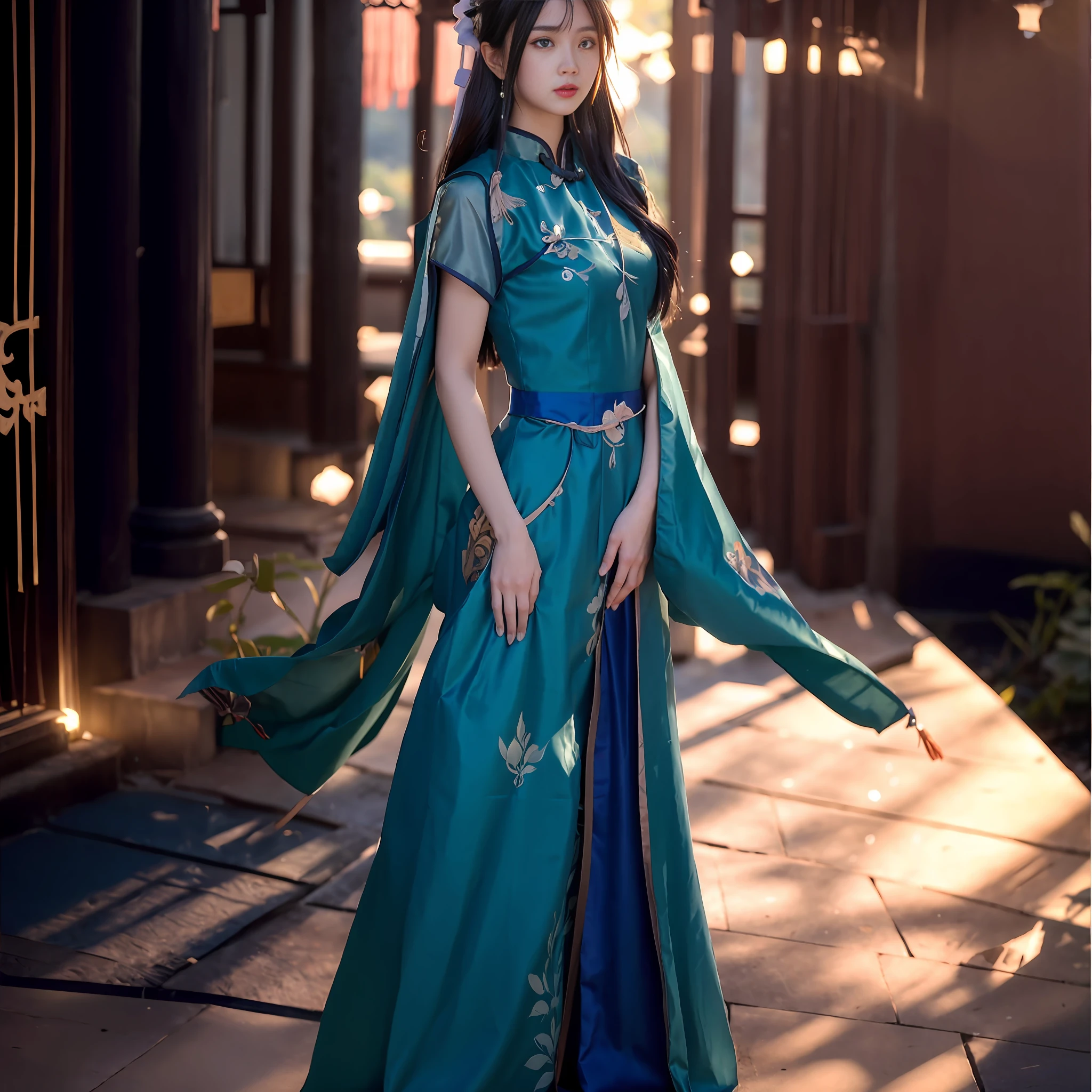 a woman in a blue and green dress standing on a stone walkway, palace ， a girl in hanfu, full body xianxia, hanfu, chinese style, with acient chinese clothes, inspired by Lan Ying, chinese dress, a beautiful fantasy empress, chinese costume, wearing ancient chinese clothes, traditional chinese clothing, inspired by Huang Ji, xianxia fantasy