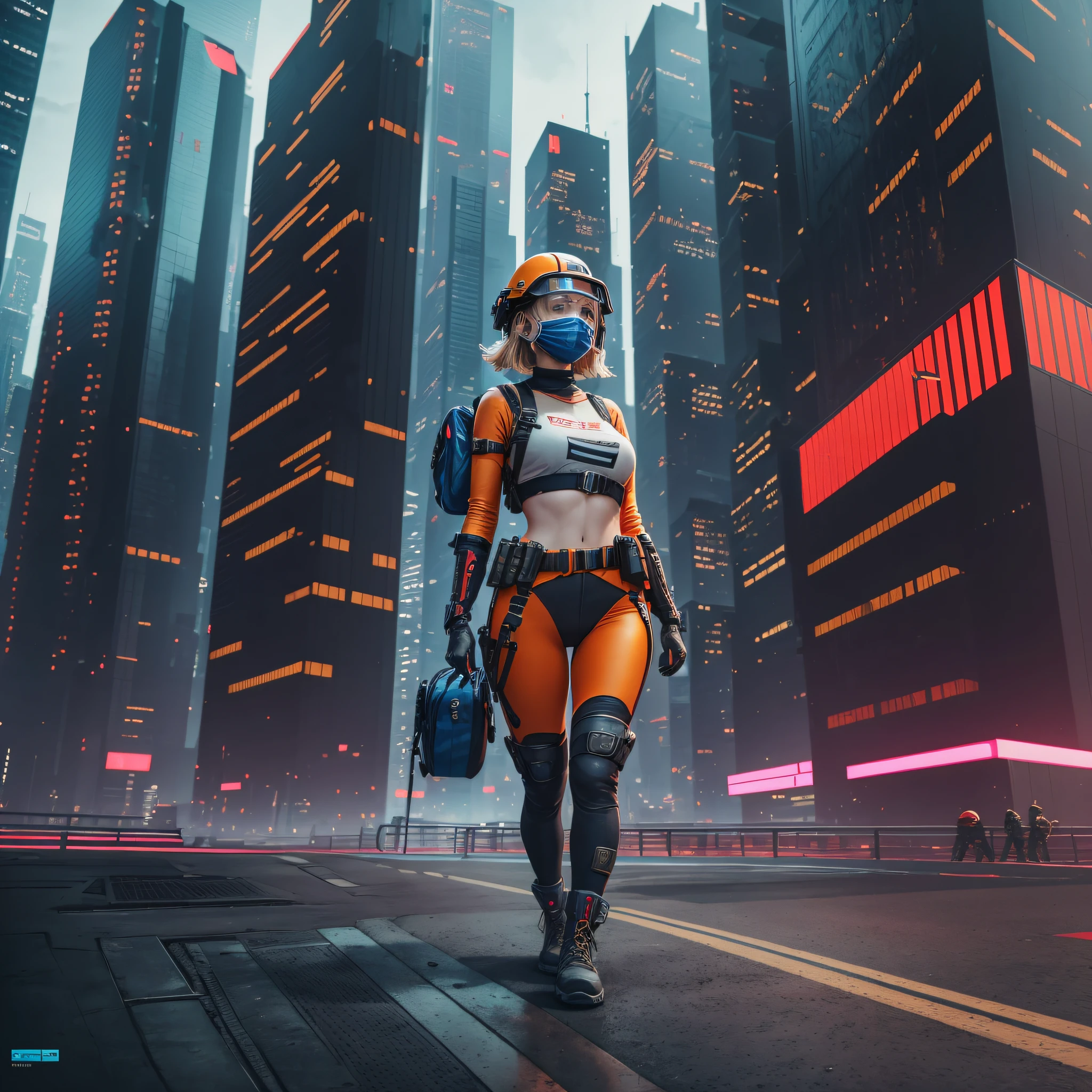 Scene: Cyberpunk Girl

It opens with a scene of a technological city with tall skyscrapers and futuristic facades. Camera moves slowly towards a beautiful young woman dressed in cyberpunk-style clothes.

She's wearing bright orange pants, a black T-shirt and carries a bag of tools used on construction sites. She is equipped with all personal protective equipment, including a red and blue helmet, a paratrooper-type seat belt, talabarte and safety footwear.

The woman seems confident and determined. She walks with a clear purpose and seems to be on a mission.

The camera moves to her side, showing her face. She has short, blonde hair, deep blue eyes, and bright red lips. Her face is covered by a protective mask, but you can still see her radiant beauty.

She walks towards a tall building with a futuristic façade. The camera moves to show a close-up of the building, showing incredible details of its architecture.

The woman climbs an access staircase and begins to work on one of the windows of the building. She is skilled and efficient, using her tools with precision and care.

As she works, she looks at the surrounding city, seeming to be at peace with the height and dangerous environment she finds herself in.

The camera pans away slowly, showing the tech city beneath it. The scene ends with the woman still working on her project, while the futuristic city glows in the background. --auto --s2