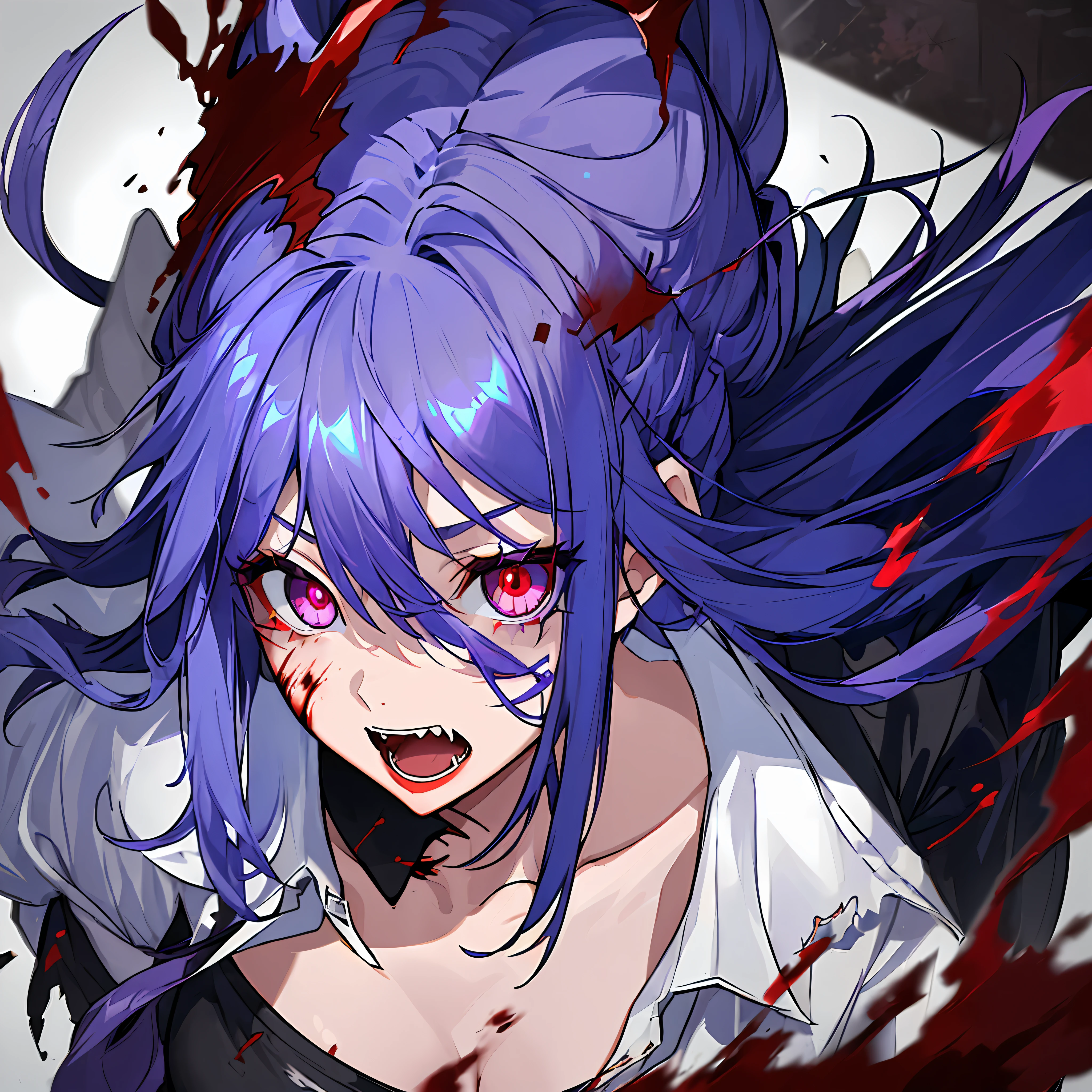 (((1 girl))), (solo)))), ((messy hairstyle)), (((blue-purple hair)), red eyes, soft shirt with blood stains on face, torn clothes, glowing eyes, swirl eyes, evil, blood on face, blood on clothes, blood, ??????, open blood basin and open mouth, showing fangs