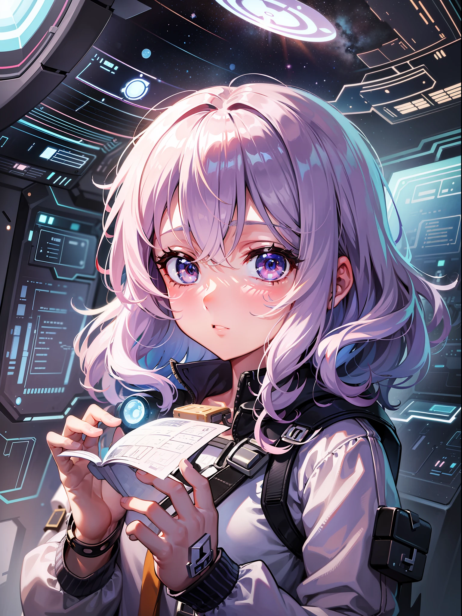 Focusing on the girl, hiding her hands, the girl dreams of an adventure to unknown stars, exploring the interior of the spaceship. There is curiosity and excitement in her expression, and in her hands she holds maps and exploration equipment. The light inside the spaceship and her presence combine to create an atmosphere of space mystery and infinite possibilities.