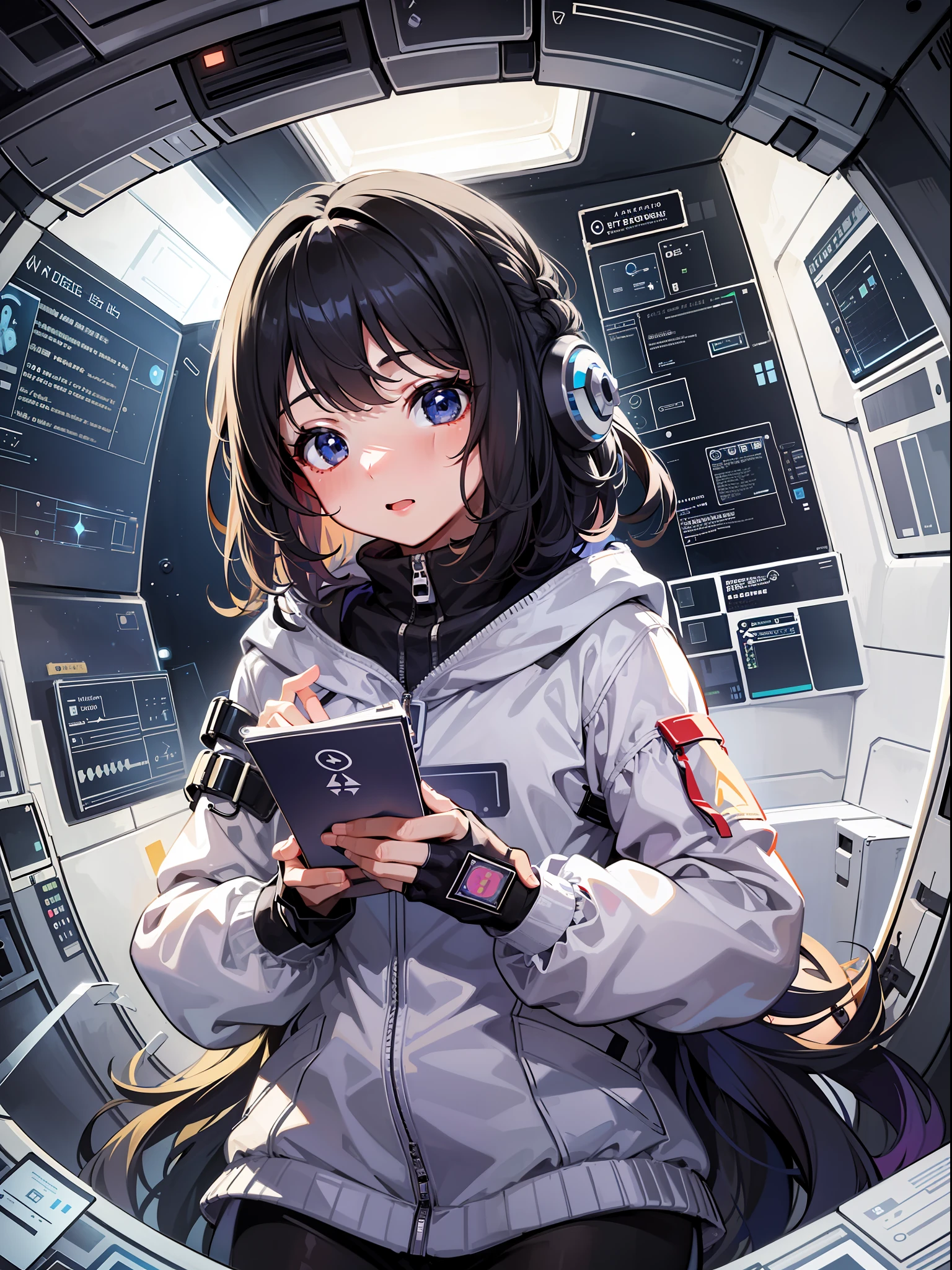 Focusing on the girl, hiding her hands, the girl dreams of an adventure to unknown stars, exploring the interior of the spaceship. There is curiosity and excitement in her expression, and in her hands she holds maps and exploration equipment. The light inside the spaceship and her presence combine to create an atmosphere of space mystery and infinite possibilities.