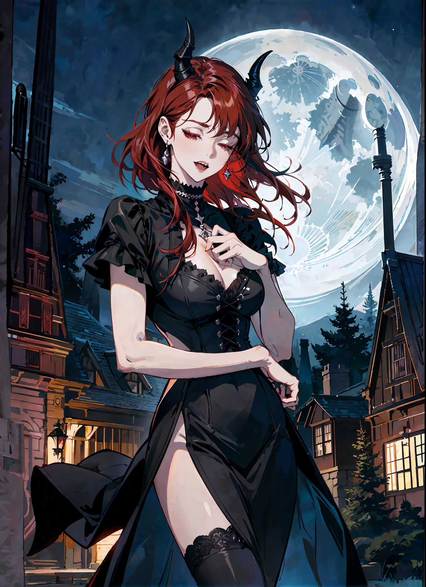 witch in black dress with red hair and a full moon in the background, gothic maiden anime girl, carmilla vampire, anime girl wearing a black dress, cushart krenz key art feminine, gothic maiden, trending on artstation pixiv, ”beautiful anime woman, anime fantasy illustration, beautiful alluring anime woman, marin kitagawa fanart