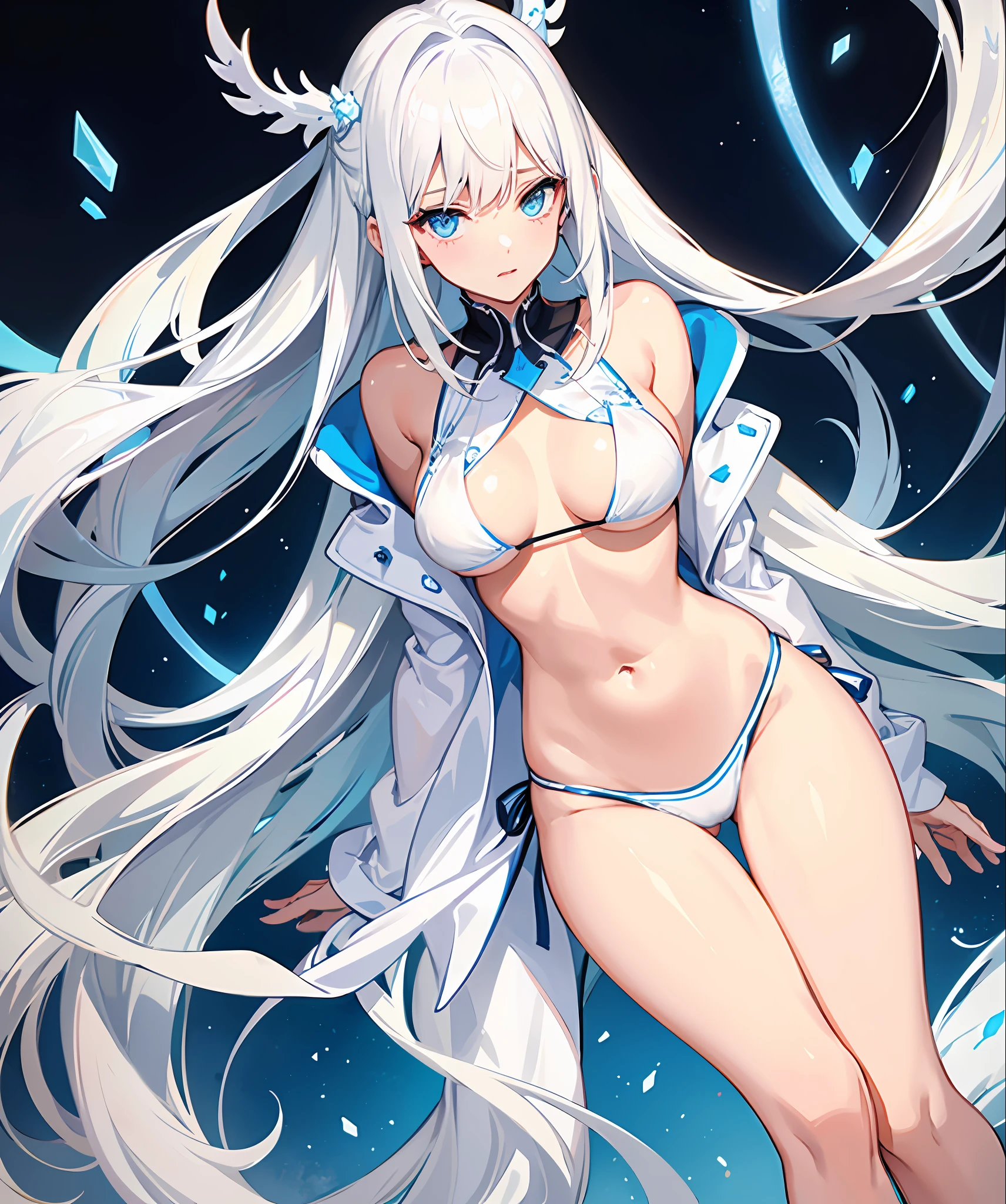 sexy, white hair, medium breast, blue eye, side tie bikini, slim legs, long hair