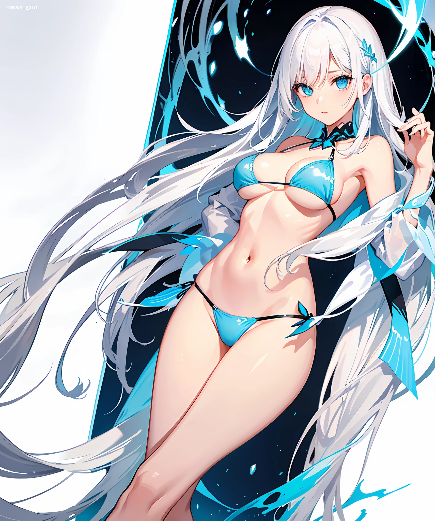 sexy, white hair, medium breast, blue eye, side tie bikini, slim legs, long hair