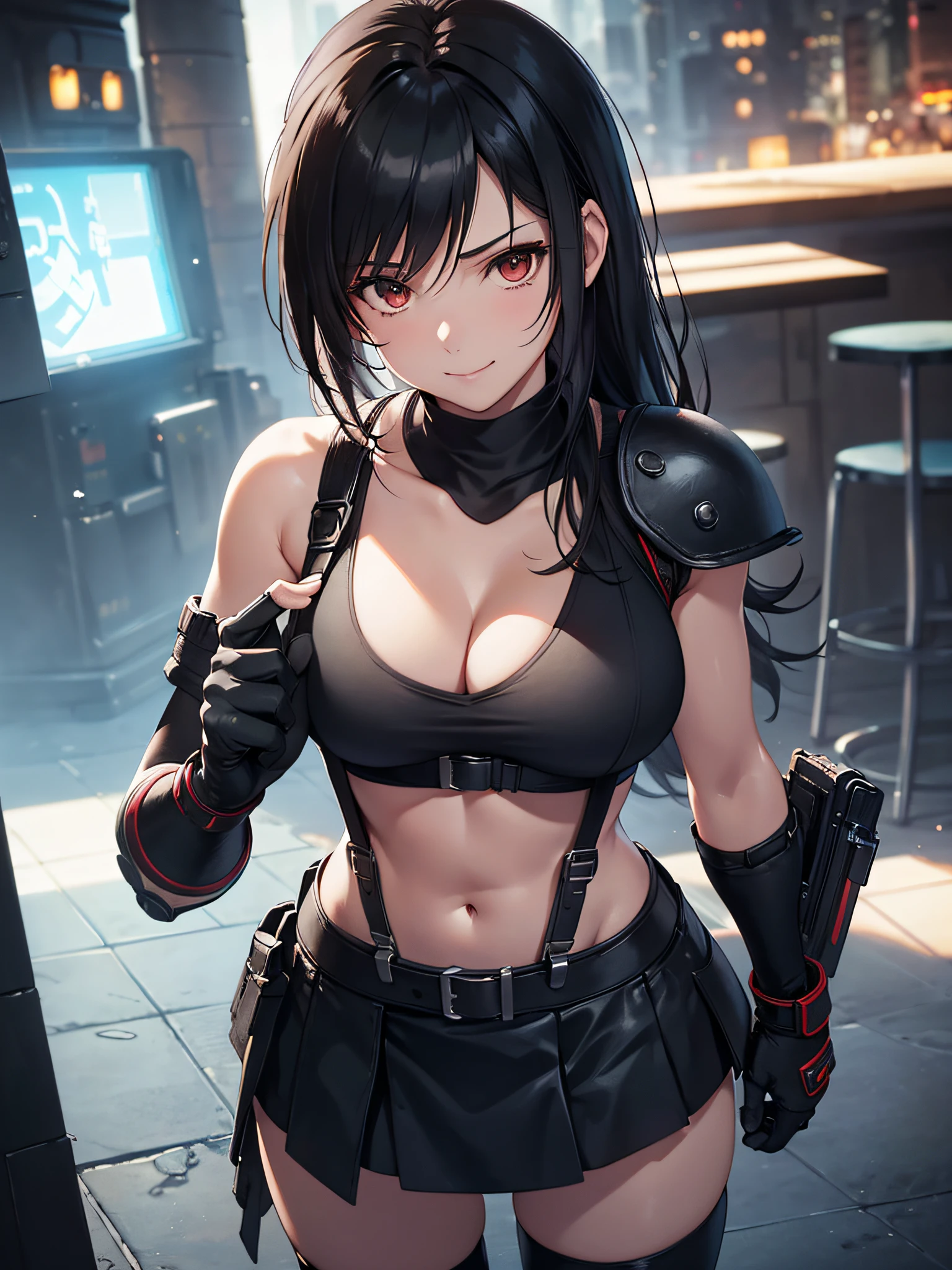 (8K, Best Quality, Masterpiece: 1.2), (Realistic, Photorealistic: 1.37), Super Detail, One Girl, Cute, Solo, (Tifa Lockhart), (Big Breasts), (Beautiful Eyes), (Smile: 1.2), Closed, Model Pose, (Green Neon), Cityscape, Depth of Field, Dark Strong Shadows, Sharp Focus, Motion Blur, Depth of Field, Composition, Final Fantasy VII, Date, (Nose Brush), Single Elbow Pads, Ankle Boots, Black Hair, Red Boots, Elbow Gloves, Elbow Pads, Fingerless Gloves, Sports Bra, Black Skirt (Suspenders), White Tank Top: 1.5, Full Body, Headrest, Beauty Face, Low Tie Long Hair, (red_eyes), (Night: 1.3), Complex, Cinematic Lighting, Photon Mapping, Radiosity, Physically Based Rendering, (Tetsuya Nomura Style), Perfect Breast, Cleavage: 1.2,