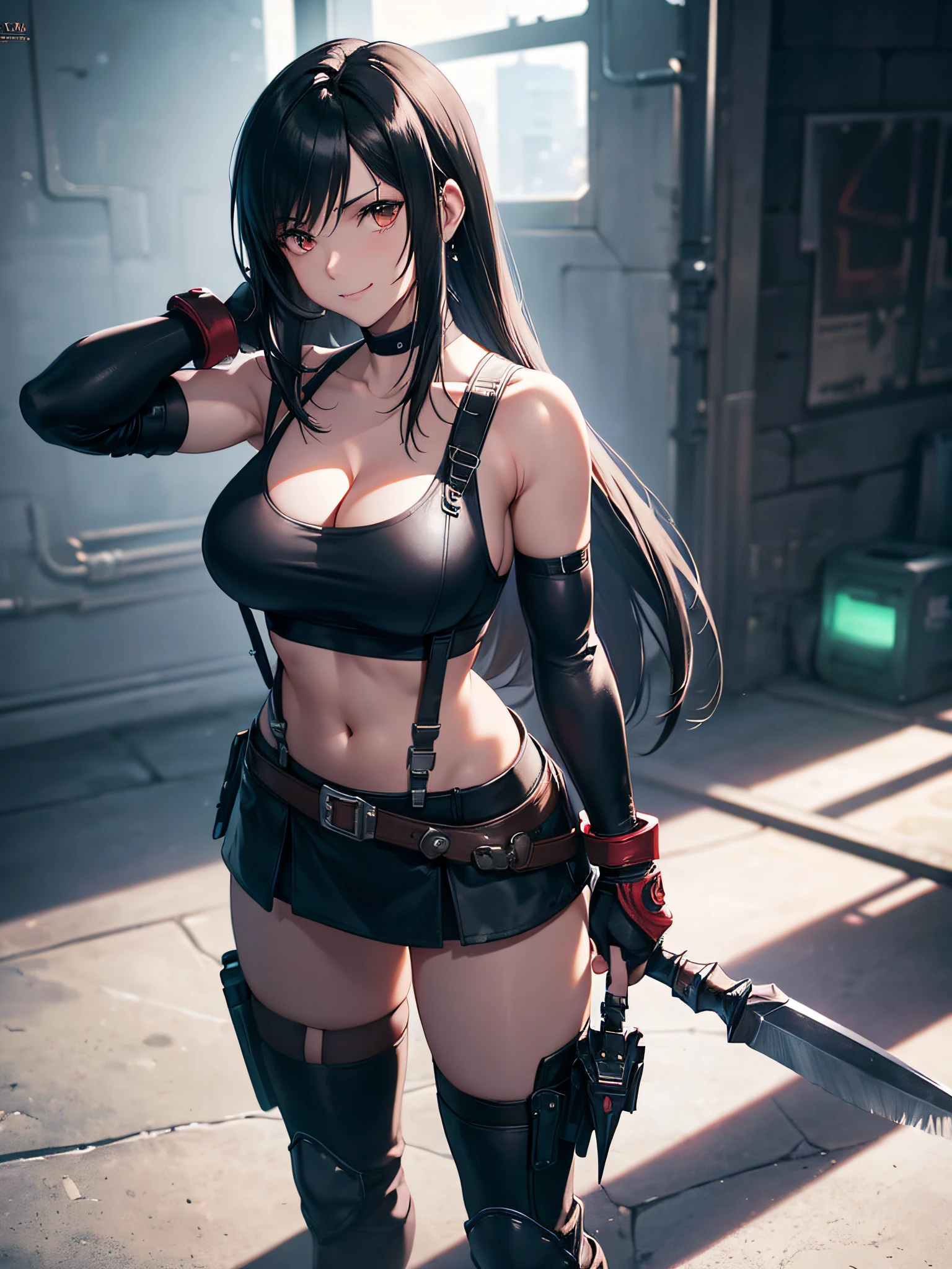 (8K, Best Quality, Masterpiece: 1.2), (Realistic, Photorealistic: 1.37), Super Detail, One Girl, Cute, Solo, (Tifa Lockhart), (Big Breasts), (Beautiful Eyes), (Smile: 1.2), Closed, Model Pose, (Green Neon), Cityscape, Depth of Field, Dark Strong Shadows, Sharp Focus, Motion Blur, Depth of Field, Composition, Final Fantasy VII, Date, (Nose Brush), Single Elbow Pads, Ankle Boots, Black Hair, Red Boots, Elbow Gloves, Elbow Pads, Fingerless Gloves, Sports Bra, Black Skirt (Suspenders), White Tank Top: 1.5, Full Body, Headrest, Beauty Face, Low Tie Long Hair, (red_eyes), (Night: 1.3), Complex, Cinematic Lighting, Photon Mapping, Radiosity, Physically Based Rendering, (Tetsuya Nomura Style), Perfect Breast, Cleavage: 1.2,