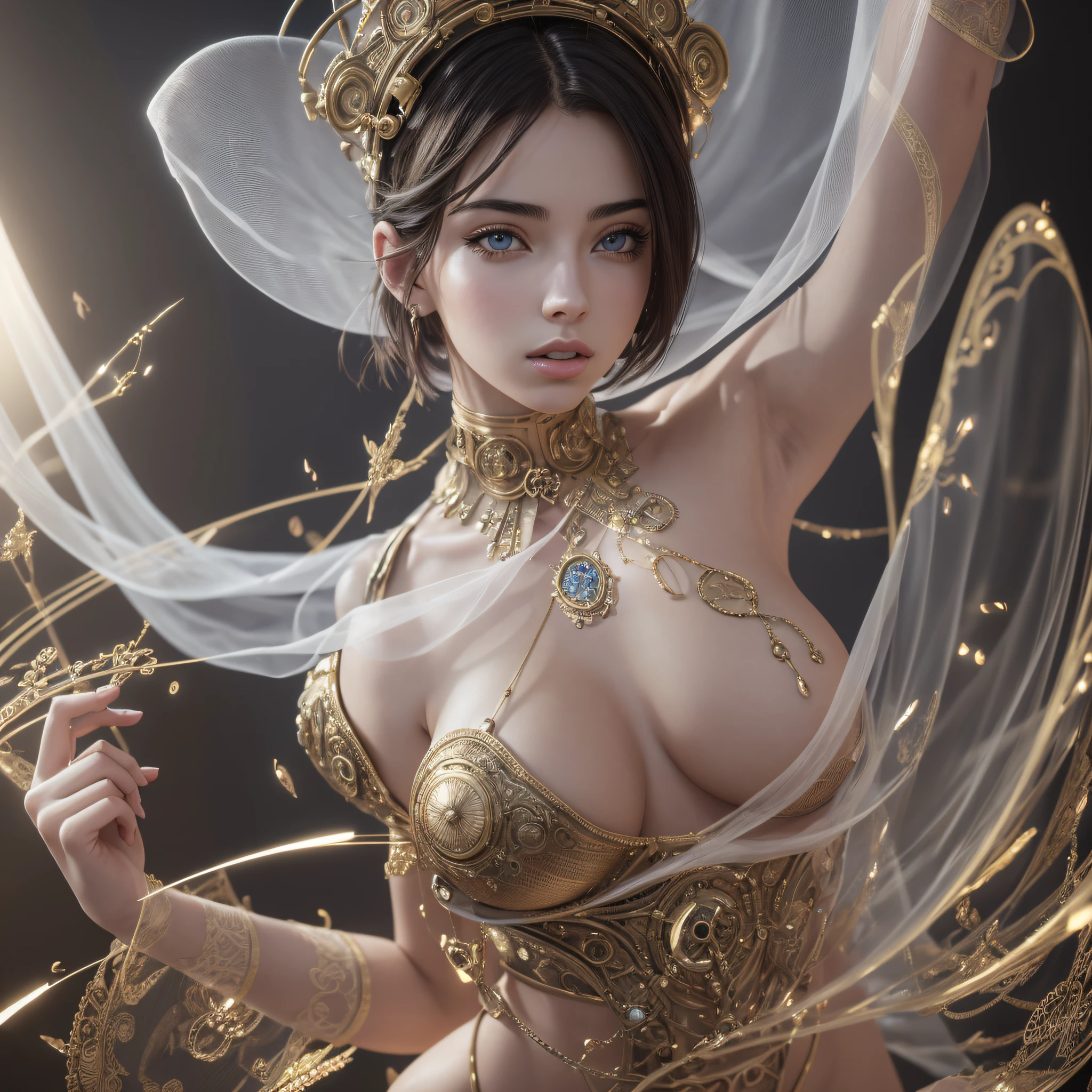 masterpiece, ethereal beauty, ethereal, steampunk, ultra realistic, woman 38 years, Like a Yael Shelbia, 3d, 3d rendering, porcelain, Best quality, human anatomy, real hair, short hair, asymmetrical cut hair, moving hair, huge breasts, human anatomy, posing for photo, translucent, (ethereal, dreamlike), formidable, 8k wallpaper --auto --s2