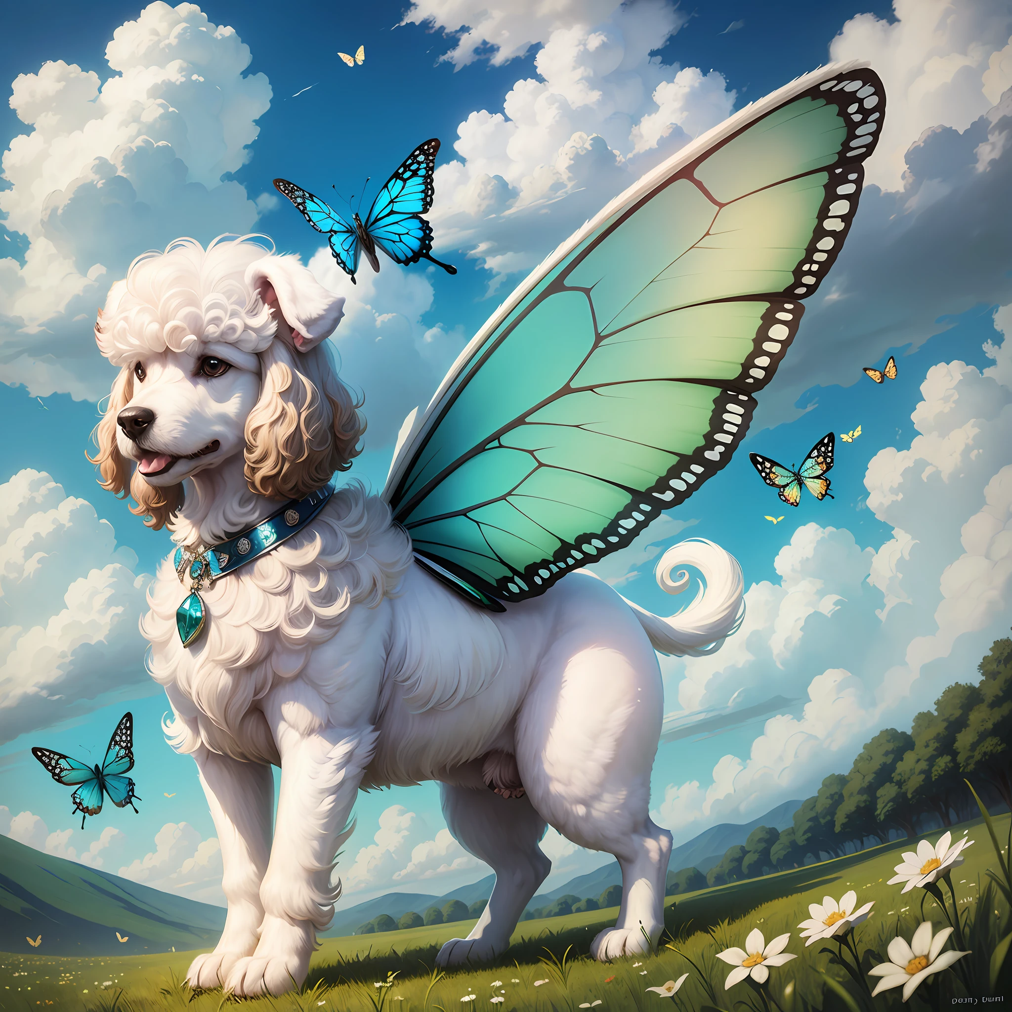 White poodle dog, wings, Green fields, blue sky, clouds, beautiful sun, butterflies, fairies. --auto --s2