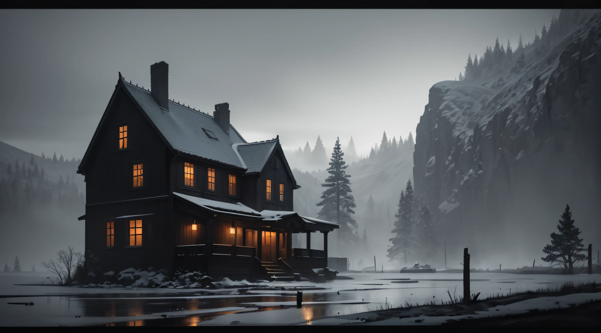 absurd, highres, ultra detailed, (no human:1.3), BREAK, Illustrate a scene in the style of Gothic art, with dark colors, dramatic lighting and a mysterious atmosphere. BREAK, Capture an image in low light, with minimal lighting and focus on the subtle details and atmosphere of the scene. BREAK, Illustrate a snow-covered rural landscape with icy fields, cozy farmhouses and a sense of peaceful solitude. BREAK, Draw an image inspired by the anti-art spirit of Dadaism, with seemingly random elements, a rejection of traditional aesthetics, and a sense of playful, fine rain absurdity.