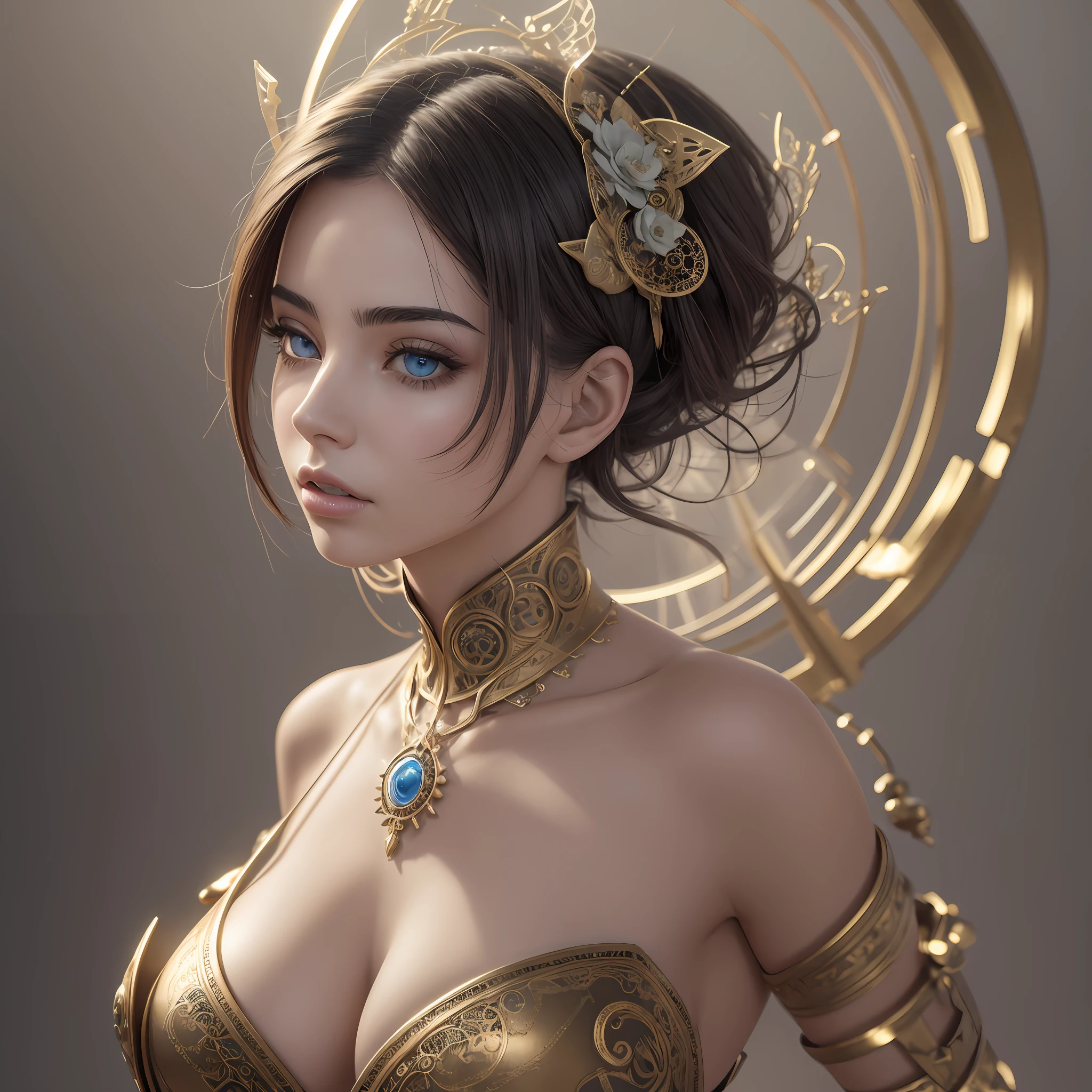 masterpiece, ethereal beauty, ethereal, steampunk, ultra realistic, woman 38 years, Like a Yael Shelbia, 3d, 3d rendering, porcelain, Best quality, human anatomy, real hair, short hair, asymmetrical cut hair, moving hair, huge breasts, human anatomy, posing for photo, translucent, (ethereal, dreamlike), formidable, 8k wallpaper --auto --s2
