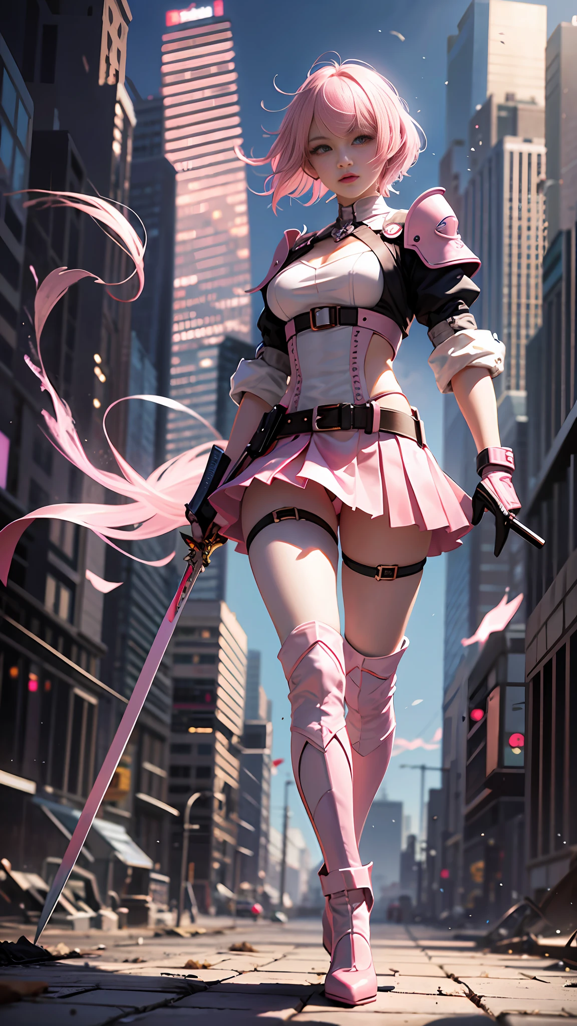 (Masterpiece), (Best Quality), Realism, Cinematic Light, Cool Pose, Battlefield Background, Perfect Figure, White Eyes, Short Pink Hair, Full Body, Long Legs, Pink Miniskirt, High Heels, Pink Longsword in Hand