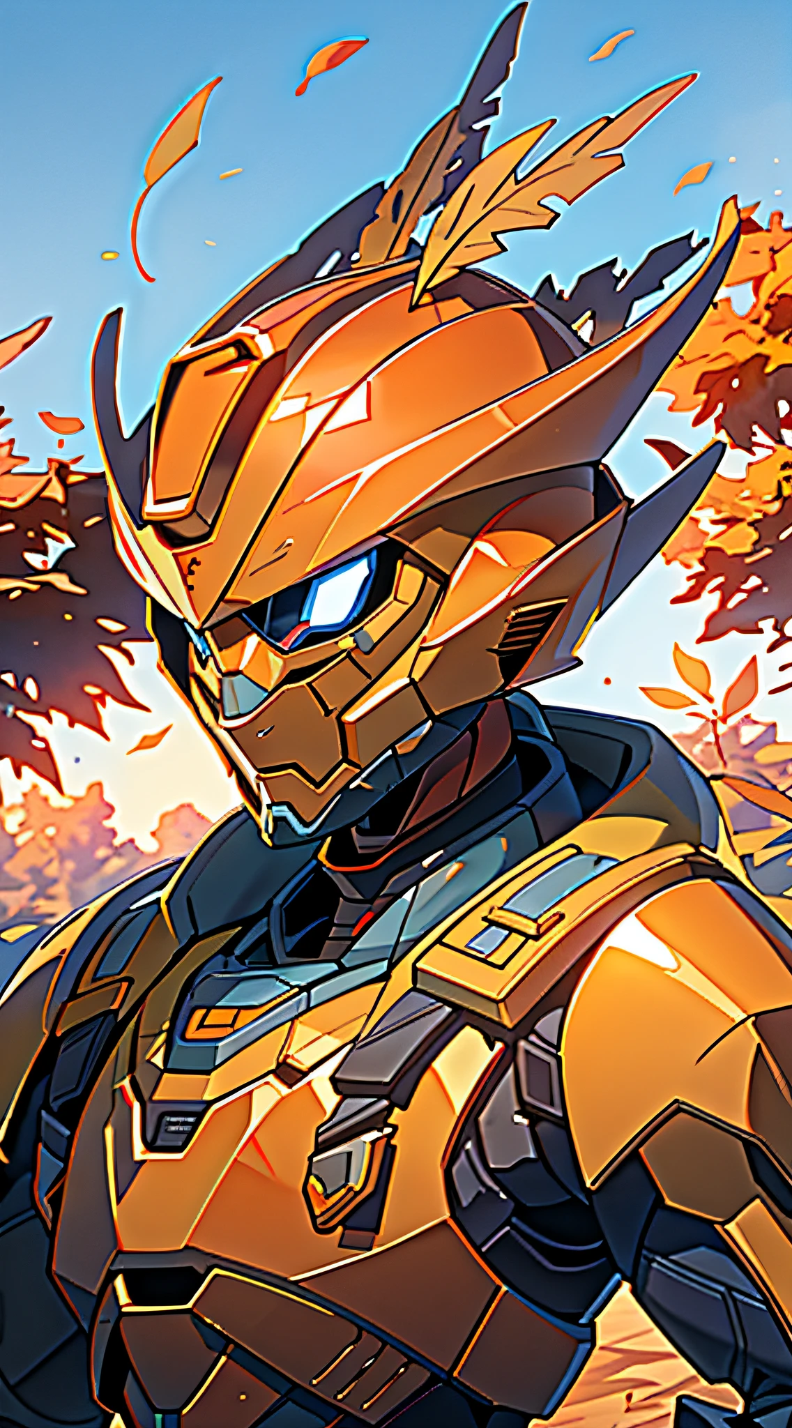 (military iron suit, luxurious golden hue, look into the future), (sky of cobalt shades, sunrise, autumn leaves, village landscape)