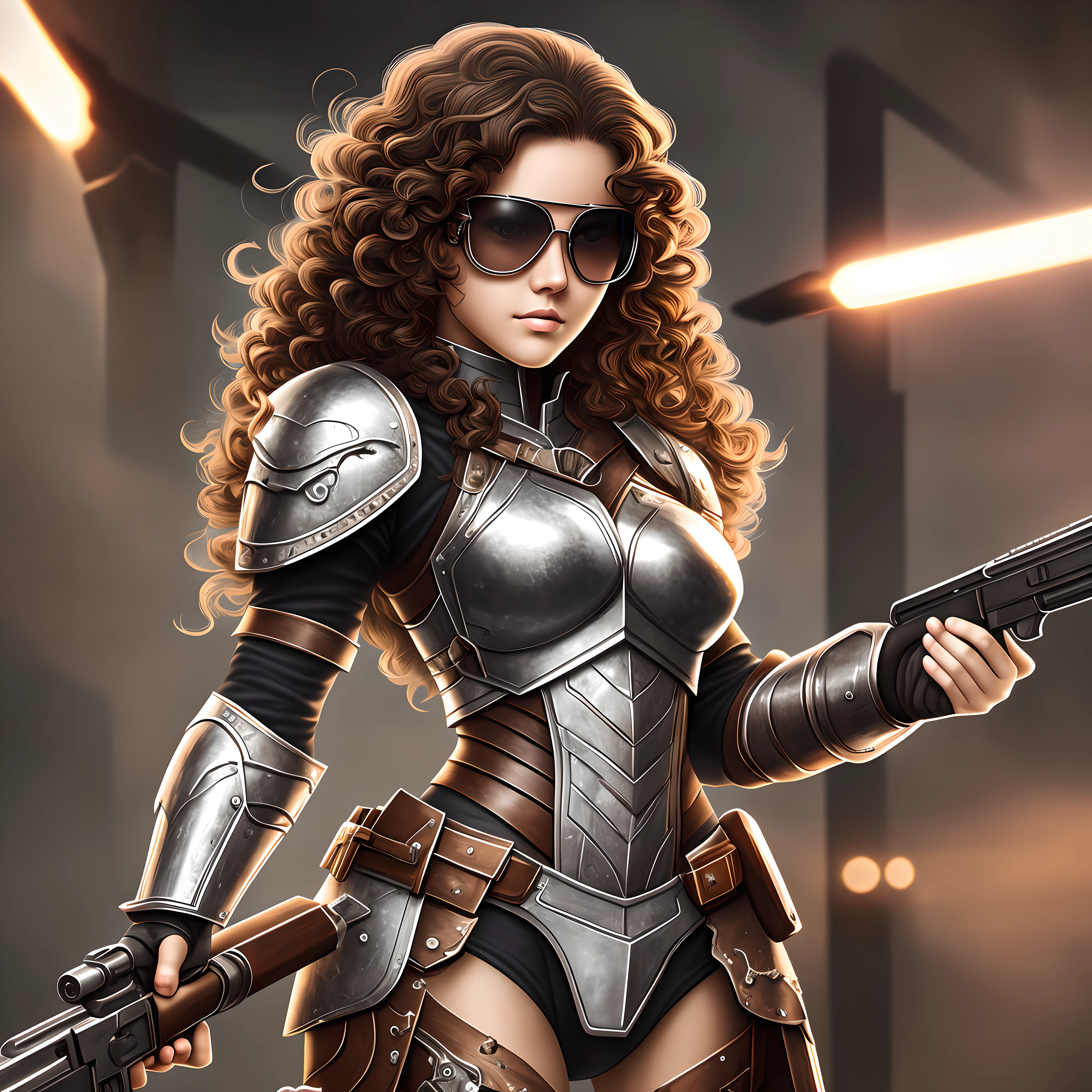 19 year old girl,Brazilian face without being with drawing aspect, with medium curly hair,wearing transparent glasses,half defined detailed face,brown eyes, wearing an armor and holding a gun,good image quality --auto --s2