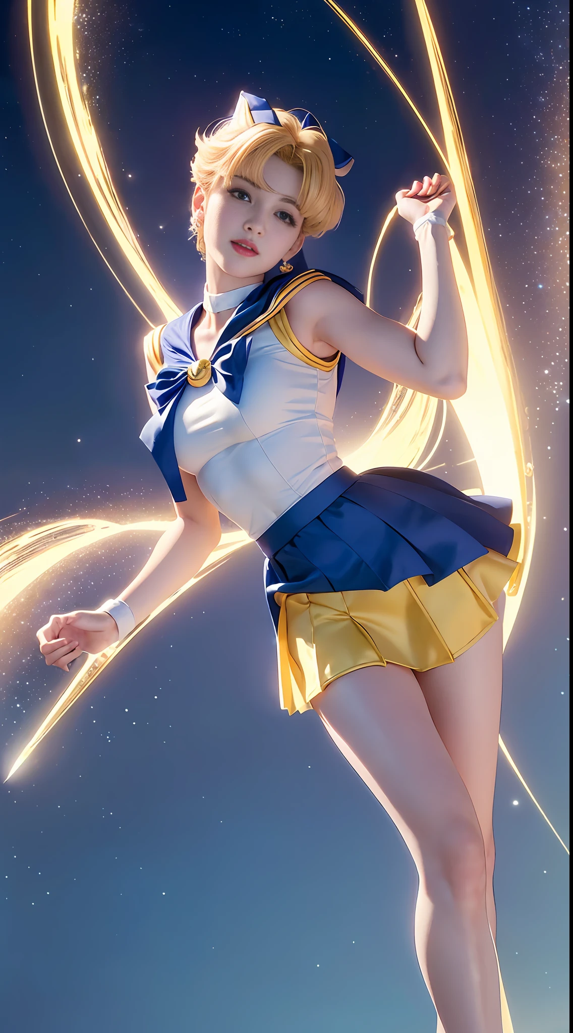 ((Sailor Moon 1:1)) ((Sailor Uranus 1:1)) Best Quality, Ultra High Resolution, Masterpiece, (Realisticity: 1.6), 16K, (1girl with open navel), (Sailor suit: 1), (Yellow bow: 1), (Blue miniskirt: 1), White stockings, Full body shot, Life scene, Mature smile