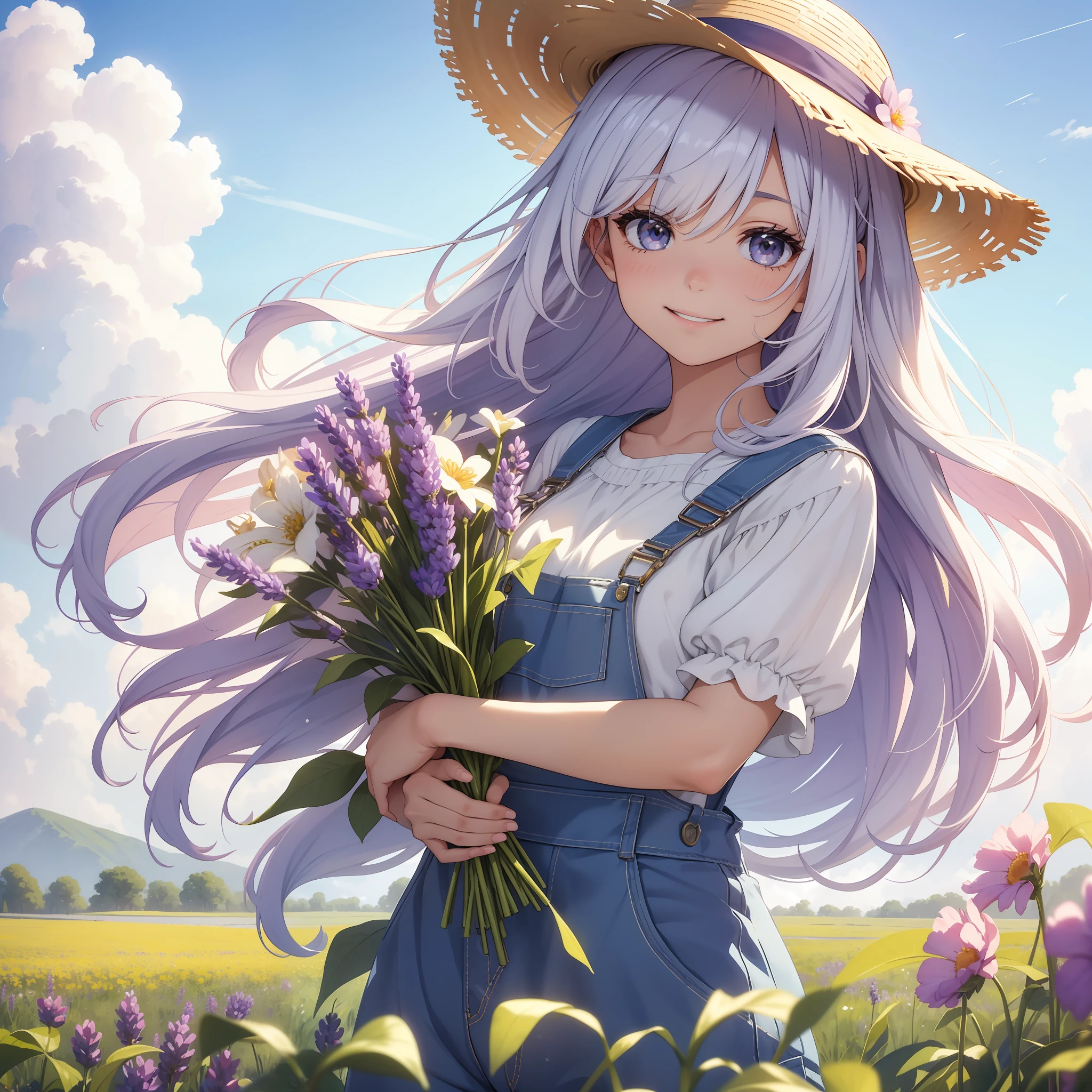 detaild, watercolor, 1girl,
A woman in a overalls and Straw hat in a flower field. Her hair shines golden,
Her eyes are gentle, smiling (happy:1.3). She holds a bouquet of lavender flowers in her hand.
In the sky, white (white:0.9) and fluffy (fluffy:1.2) clouds float, and soft (soft:1.1) sunlight pours down.
oblique side view, looking at viewer,