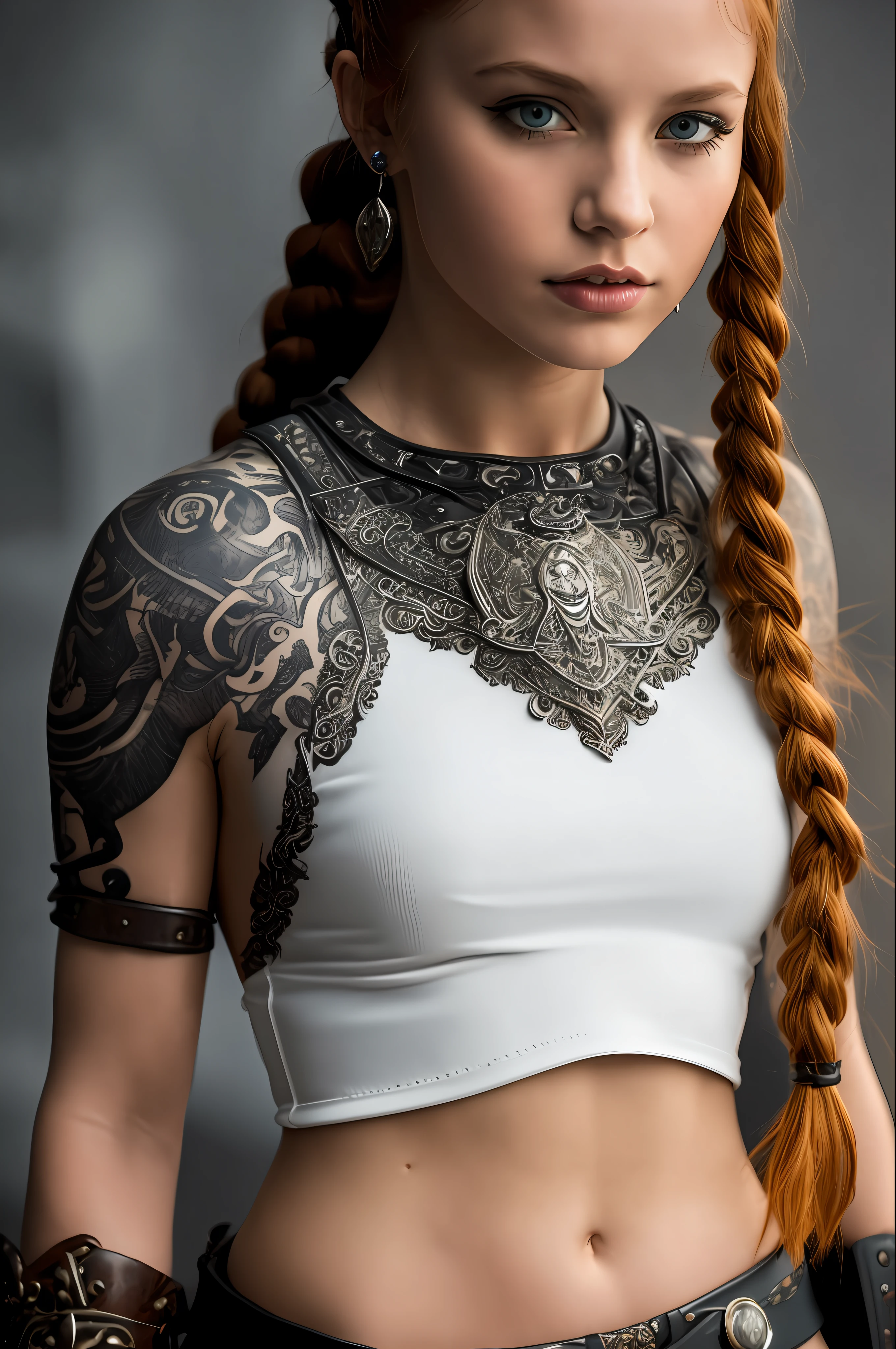 an young Viking warrior girl , wide angle shot, (white crop top:1.2), small breast, black and blue leather, tattoo, hyper detailed, ultra sharp, long auburn hair in braids, 8k, (insanely detailed:1.5), full body photograph, 20 megapixel, canon eos r3, detailed skin, pale skin