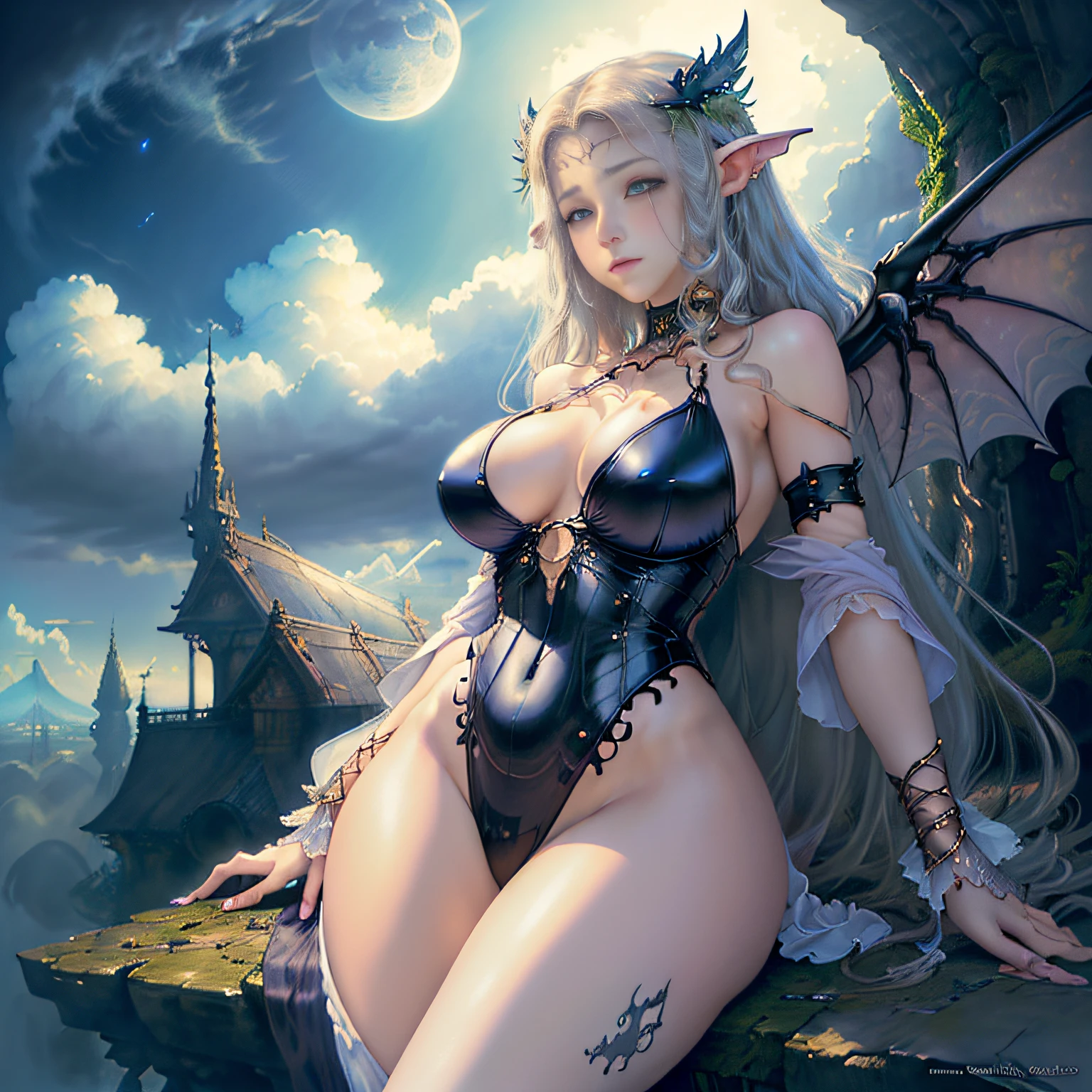 ((best quality)), ((masterpiece)), (detailed), alluring succubus, ethereal beauty, perched on a cloud, (fantasy illustration:1.3), enchanting gaze, captivating pose, delicate wings, otherworldly charm, mystical sky, (Luis Royo:1.2), (Yoshitaka Amano:1.1), moonlit night, soft colors, (detailed cloudscape:1.3), (high-resolution:1.2)