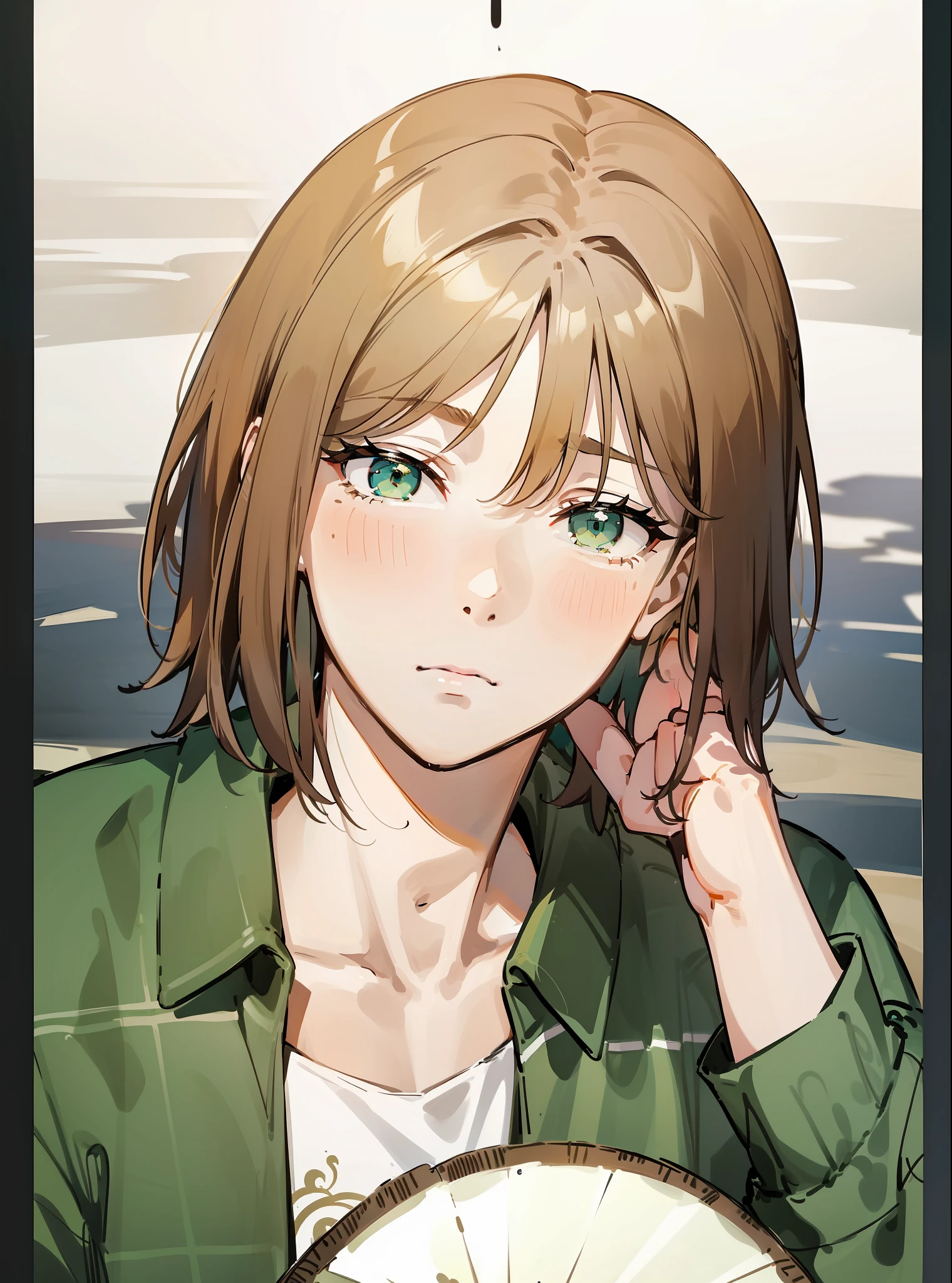 (((1girl))), ((toned)), female focus, masterpiece, high quality, (masterpiece:1.2), (best quality:1.2), bright, realistic, ornate, intricate, ((brown hair)), (short hair), green eyes, bangs, hair between eyes, hair_stick, sad_girl, green_clothes, solo, hair_bun, hair_ornament, hair_pin, holding_fan, paper_fan, sad, looking_horizon, holding_fan, red_eyeliner, FH , ((looking at the horizon),  sad pupils, (shadows cast over the face:1.3), dark room, shadow room, sad expression, (upper body), expression loneliness