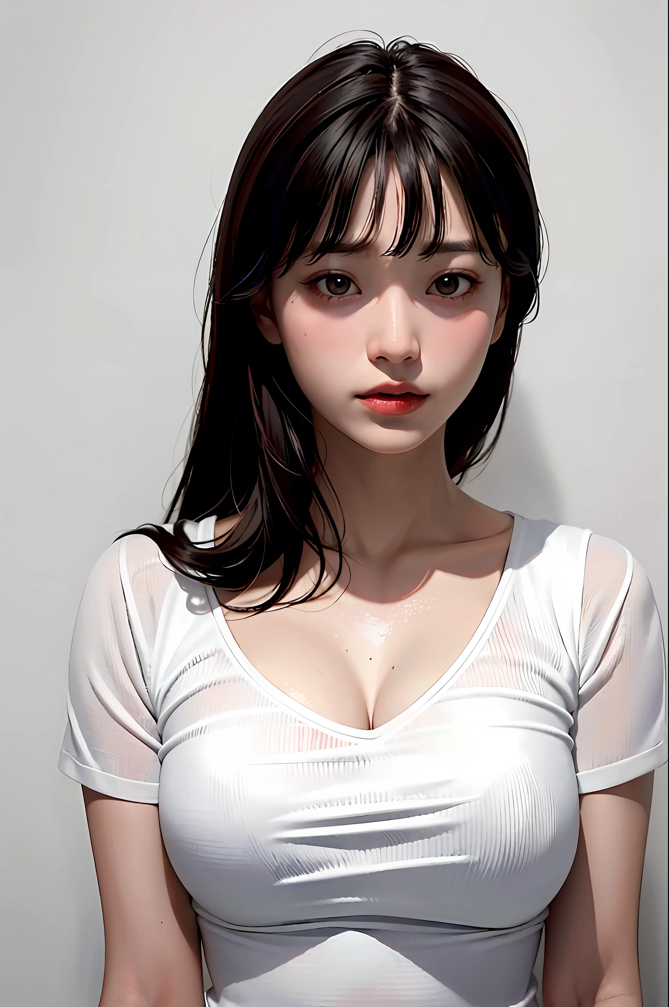 masterpiece, best quality, (dark photo: 1.3), photorealistic, 1girl, flat bangs, stunning innocent symmetrical face, shirt, emotional, orchan, (PureErosFace_V1:0.7), big imitation, cleavage