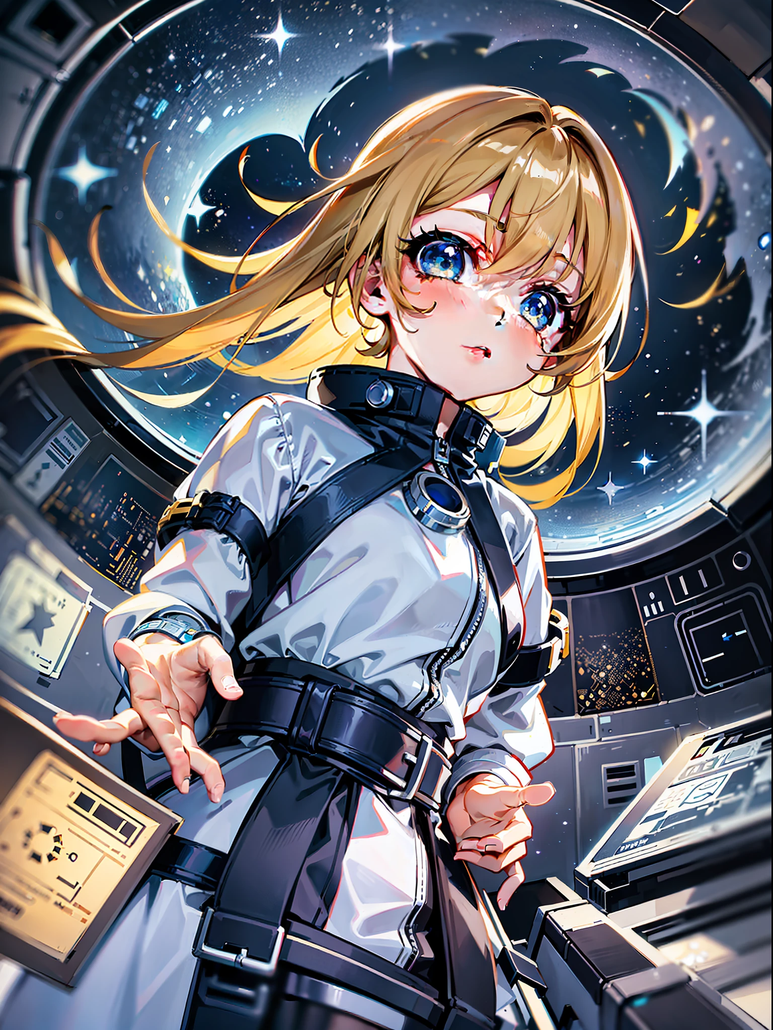 Focusing on the girl, hiding her hands, the girl dreams of an adventure to unknown stars, exploring the interior of the spaceship. There is curiosity and excitement in her expression, and in her hands she holds maps and exploration equipment. The light inside the spaceship and her presence combine to create an atmosphere of space mystery and infinite possibilities.