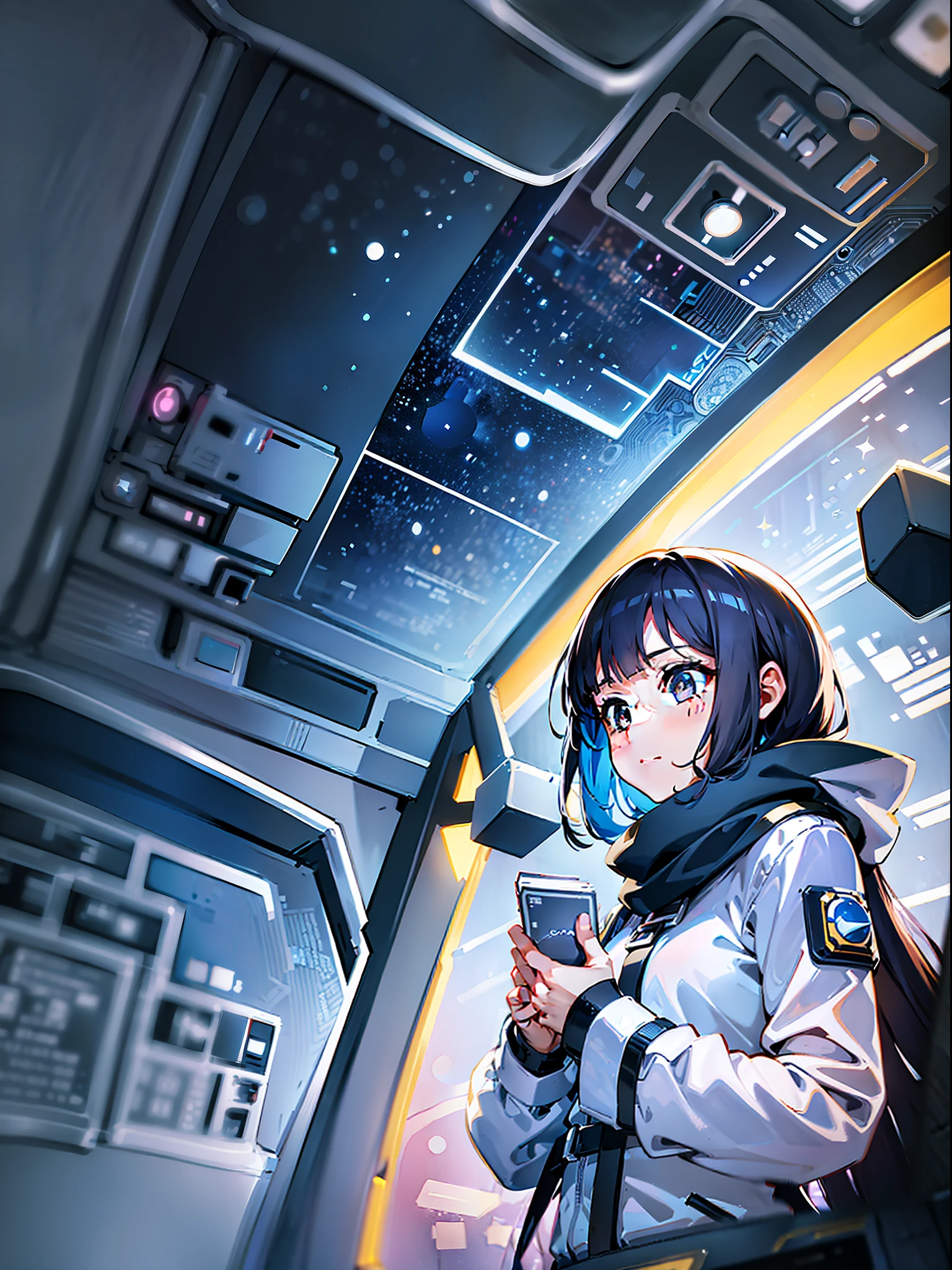 Focusing on the girl, hiding her hands, the girl dreams of an adventure to unknown stars, exploring the interior of the spaceship. There is curiosity and excitement in her expression, and in her hands she holds maps and exploration equipment. The light inside the spaceship and her presence combine to create an atmosphere of space mystery and infinite possibilities.