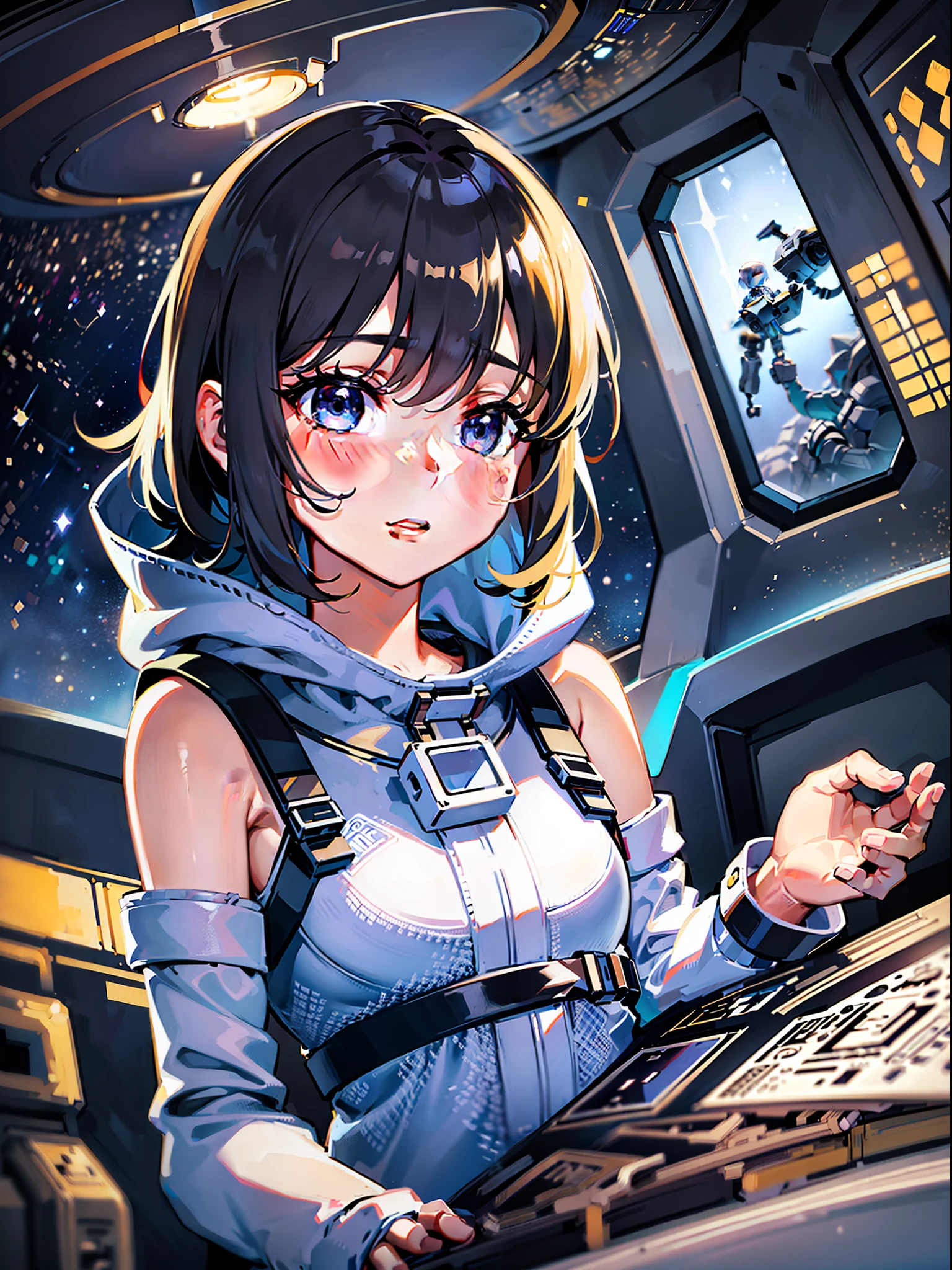 Focusing on the girl, hiding her hands, the girl dreams of an adventure to unknown stars, exploring the interior of the spaceship. There is curiosity and excitement in her expression, and in her hands she holds maps and exploration equipment. The light inside the spaceship and her presence combine to create an atmosphere of space mystery and infinite possibilities.