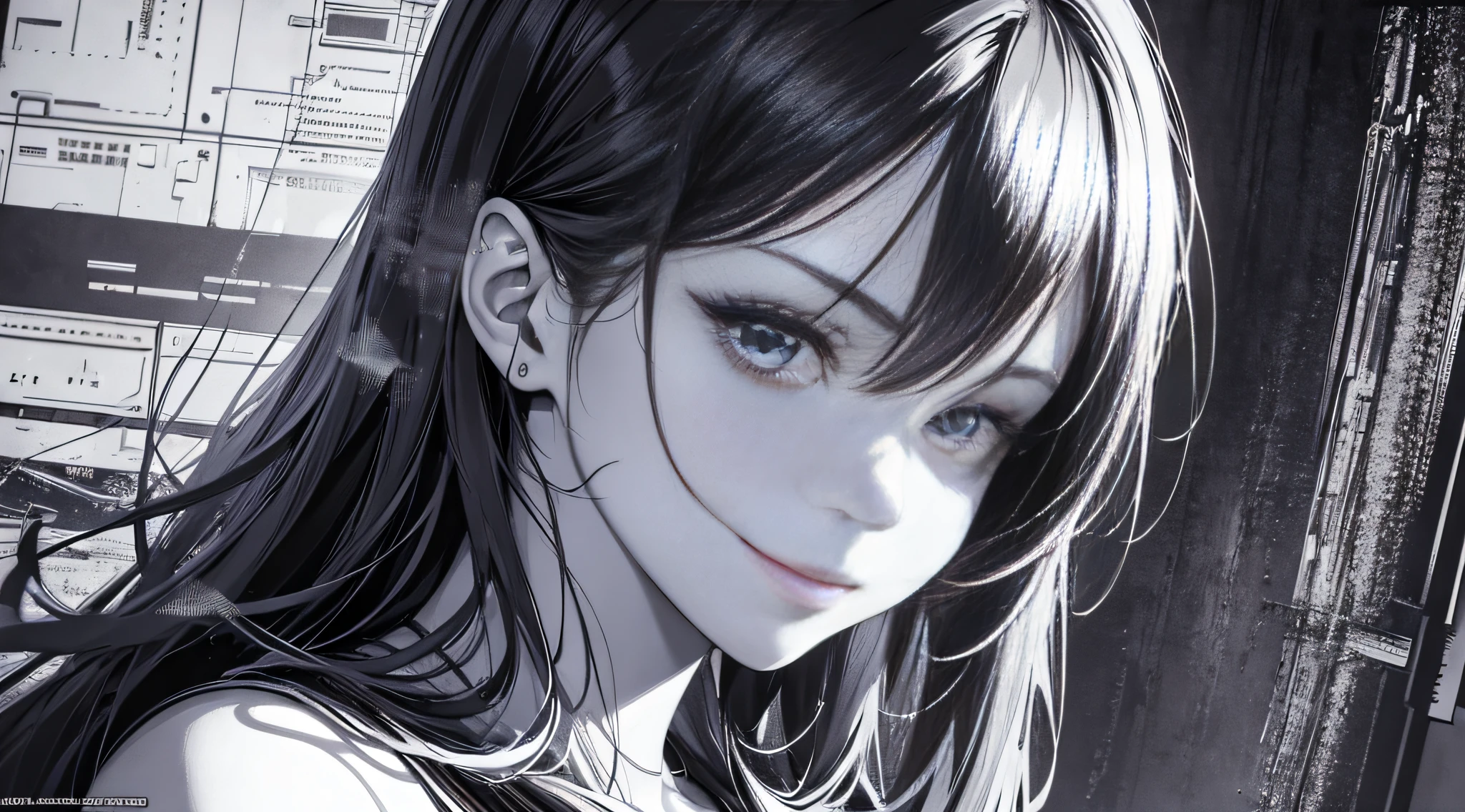 Masterpiece, best quality,young beautiful girl, ultra detailed, official art,unity 8k wallpaper,
Smirk,
cross-hatching,(graphic linework):1.2,
textural shading, inked lines,
dynamic contrast, expressive style,
captivating detail, chiaroscuro technique