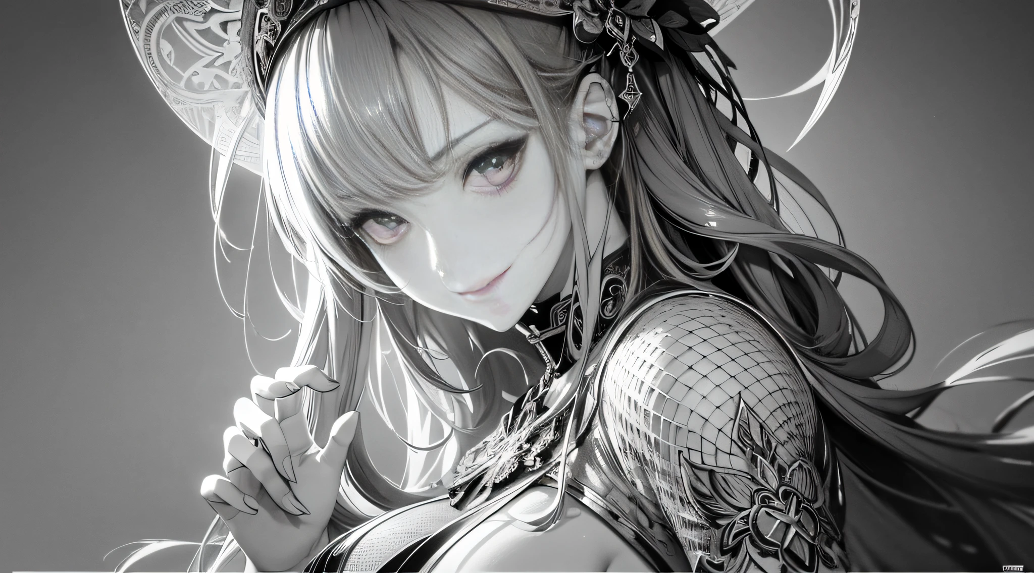 Masterpiece, best quality,young beautiful girl, ultra detailed, official art,unity 8k wallpaper,
Smirk,
cross-hatching,(graphic linework):1.2,
textural shading, inked lines,
dynamic contrast, expressive style,
captivating detail, chiaroscuro technique