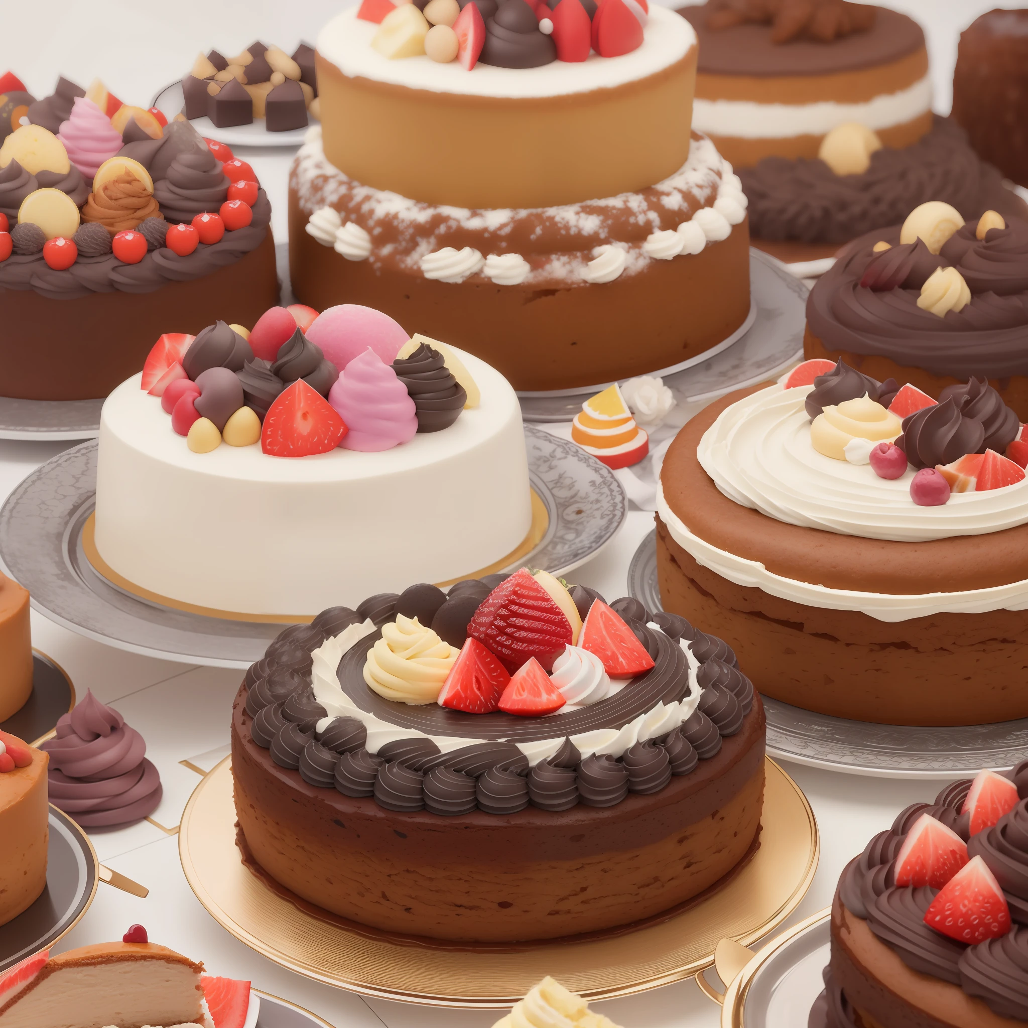 Table full of cakes of different shapes, colors and flavors. Photorealistic, hyperdetailed, high quality, 8k