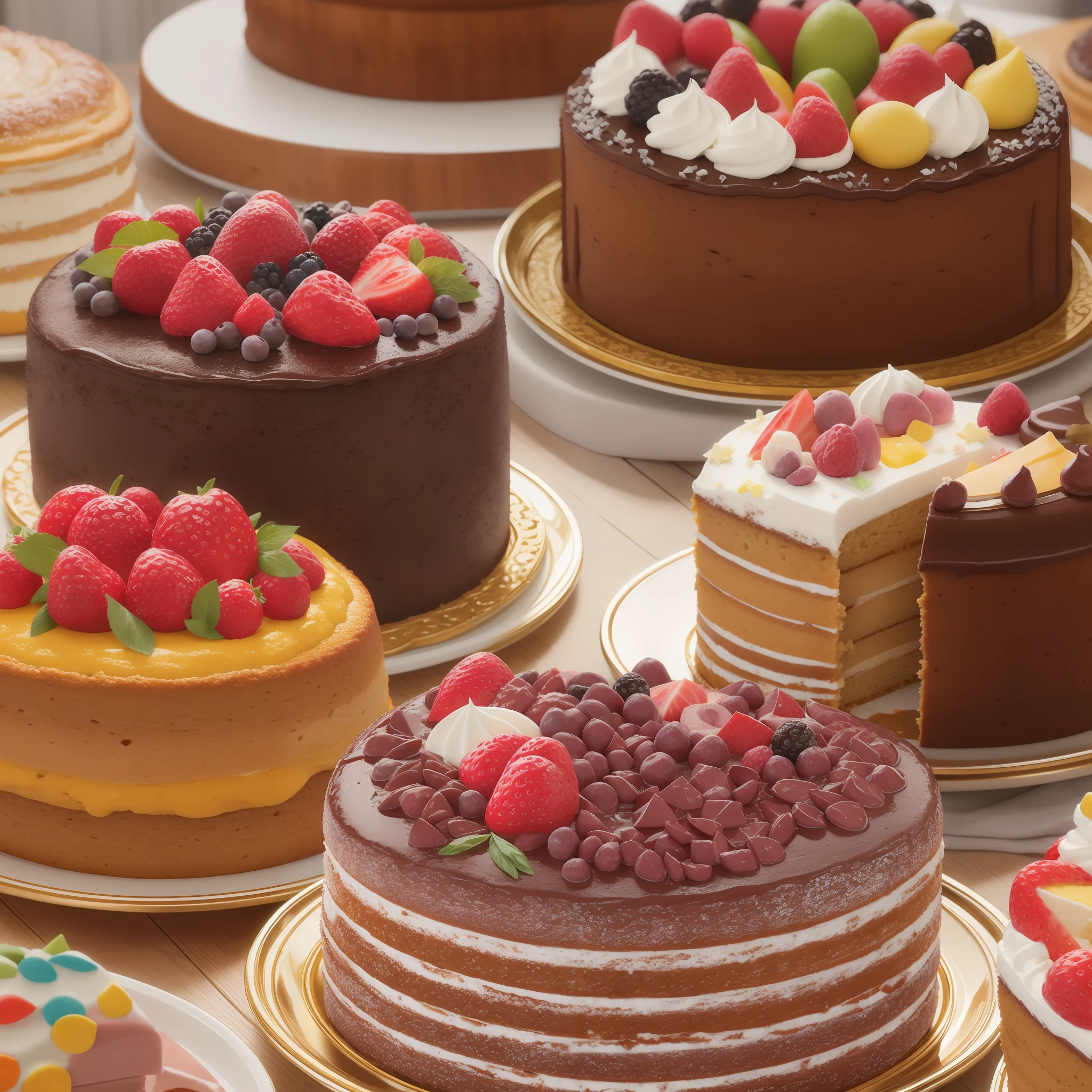 Table full of cakes of different shapes, colors and flavors. Photorealistic, hyperdetailed, high quality, 8k