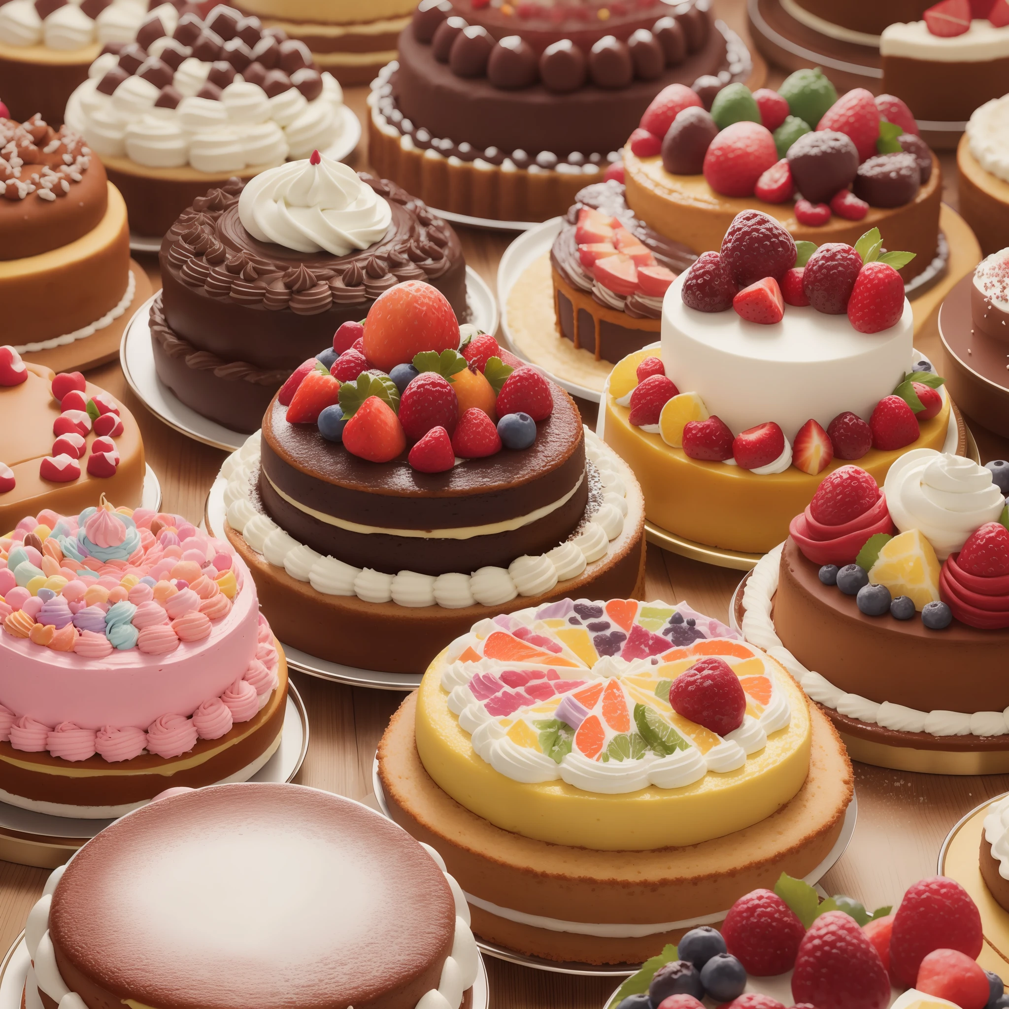 Table full of cakes of different shapes, colors and flavors. Photorealistic, hyperdetailed, high quality, 8k