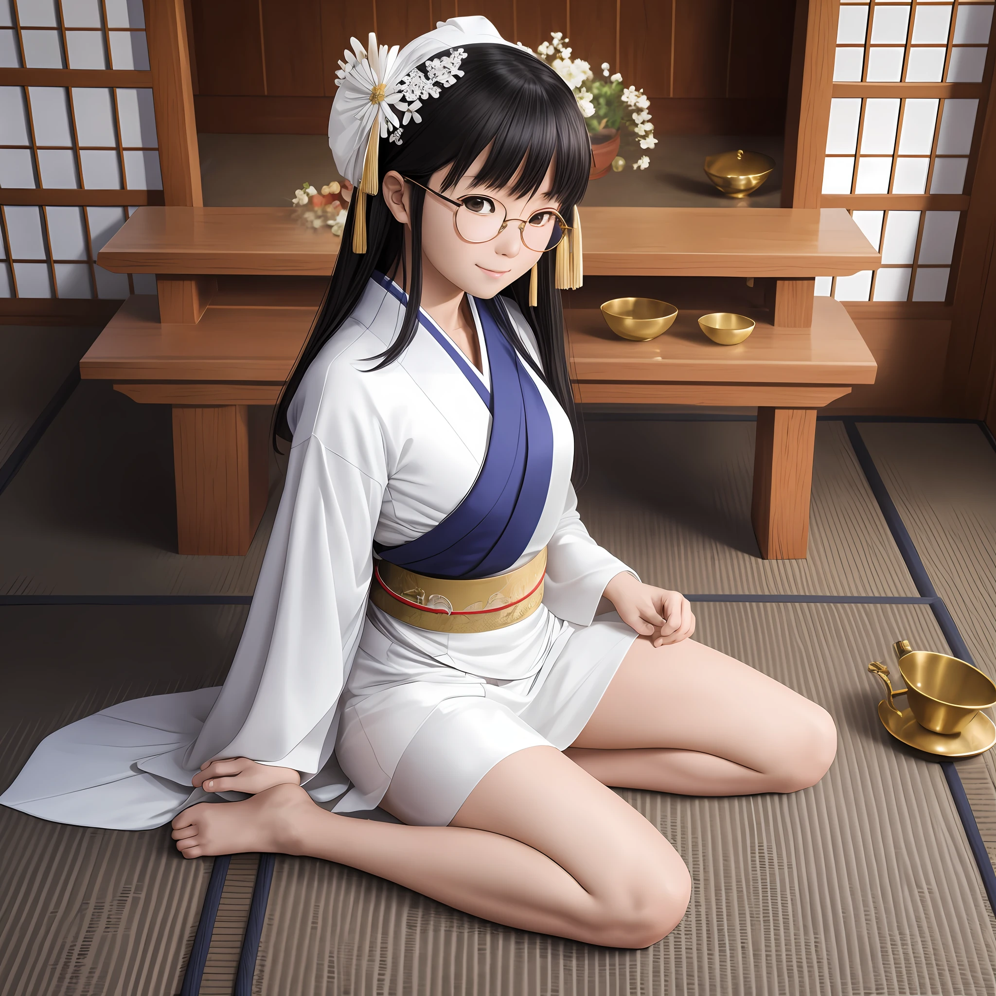 NSFW, 8K Raw Photography, Best Quality, Masterpiece, Ultra HD, Film Grain, filmg, 1girl, Watch Viewer, Natural Skin Texture, Realistic Eye and Face Details,
Japanese. , 1 8 years, 1 person,
Round glasses, occupation is priestess, white kimono, vermilion hakama, wearing white tabi socks,
, Akiko Takase, Kazue Kato, , Aya Takano, Etsuko Miura, Gengee, Tsugumi Oba, Chiho, Rinko Kawaichi, Takeyuki Kanda,
Height 158 cm, weight 53 kg, bust 83 cm (D cup), waist 61 cm, hips 86 cm, simple priestess,
smooth black hair, bangs,
The place is the main shrine of a large shrine in Japan, lying on the altar, as an offering to the gods, watching the viewer with a smile from the front, solo , full body --auto --s2