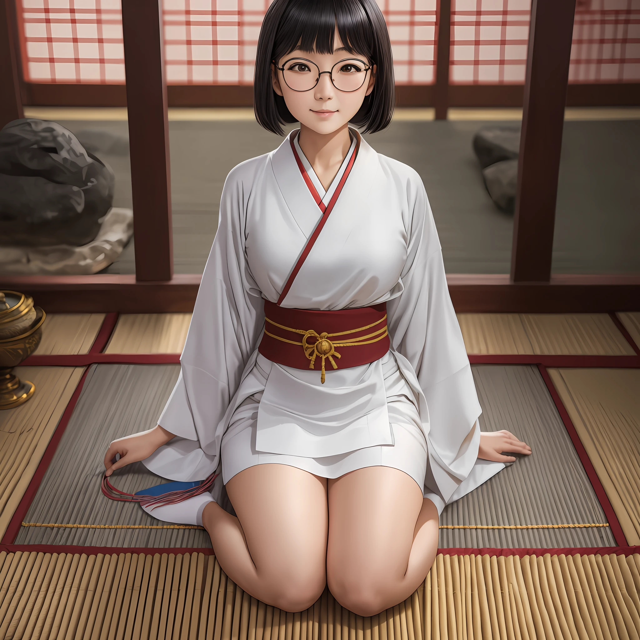 NSFW, 8K Raw Photography, Best Quality, Masterpiece, Ultra HD, Film Grain, filmg, 1girl, Watch Viewer, Natural Skin Texture, Realistic Eye and Face Details,
Japanese. , 1 8 years, 1 person,
Round glasses, occupation is priestess, white kimono, vermilion hakama, wearing white tabi socks,
, Akiko Takase, Kazue Kato, , Aya Takano, Etsuko Miura, Gengee, Tsugumi Oba, Chiho, Rinko Kawaichi, Takeyuki Kanda,
Height 158 cm, weight 53 kg, bust 83 cm (D cup), waist 61 cm, hips 86 cm, simple priestess,
smooth black hair, bangs,
The place is the main shrine of a large shrine in Japan, lying on the altar, as an offering to the gods, watching the viewer with a smile from the front, solo , full body --auto --s2