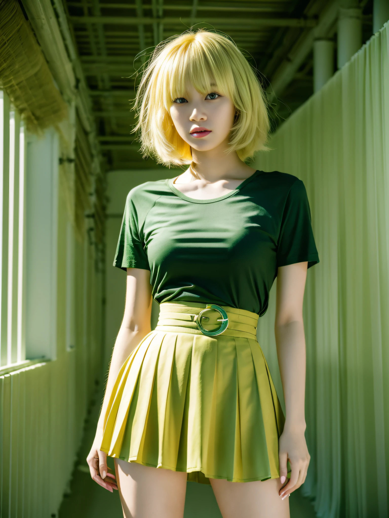 Yellow hair, wearing green T-shirt, open waist, pleated skirt, long legs, masterpiece, superlative, realistic, HD, photography lighting, 16k