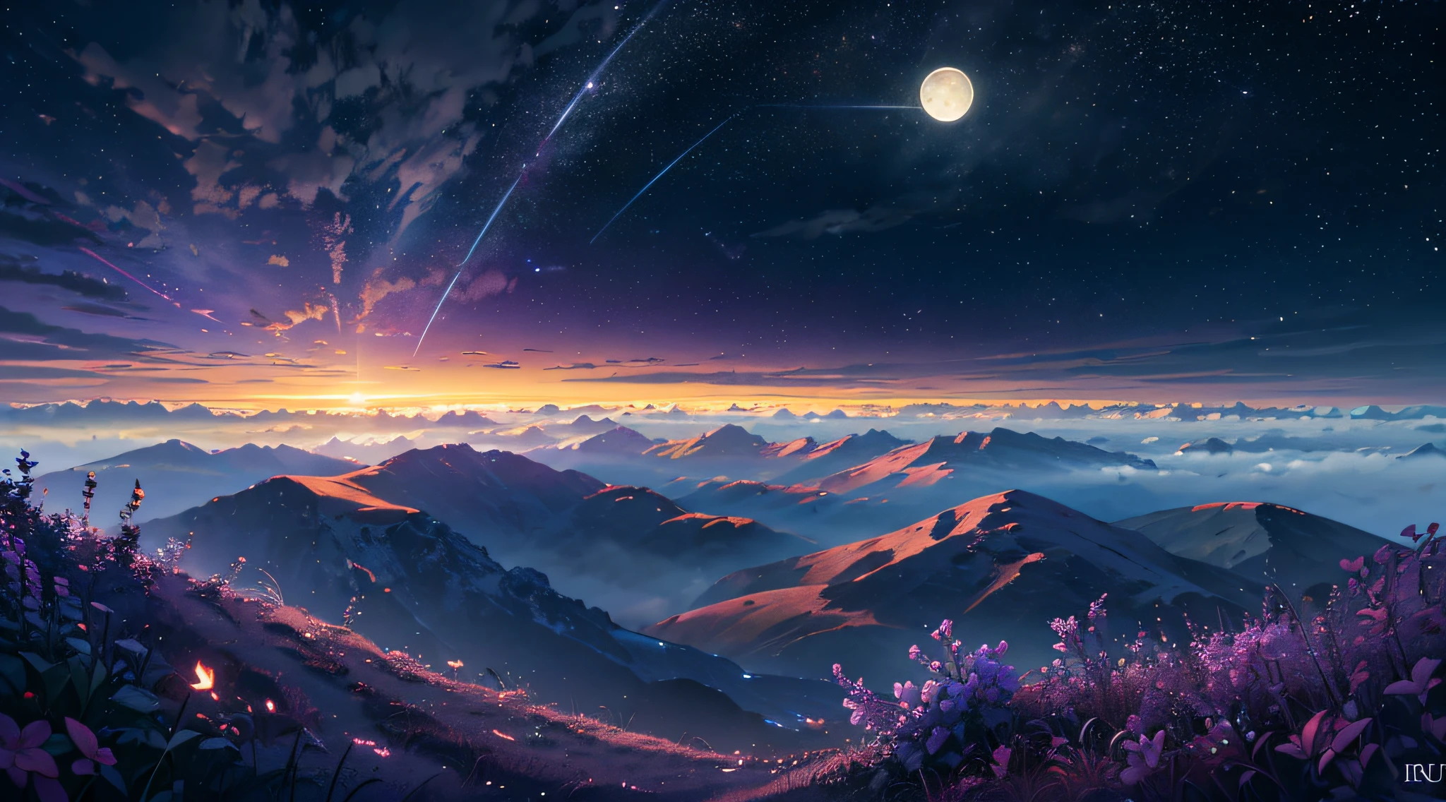 expansive landscape photograph , (a view from below that shows sky above and open field below), a girl standing on flower field looking up, (full moon:1.2), ( shooting stars:0.9), (nebula:1.3), distant mountain, tree BREAK production art, (warm light source:1.2), (Firefly:1.2), lamp, lot of purple and orange, intricate details, volumetric lighting BREAK (masterpiece:1.2), (best quality), 4k, ultra-detailed, (dynamic composition:1.4), highly detailed, colorful details,( iridescent colors:1.2), (glowing lighting, atmospheric lighting), dreamy, magical, (solo:1.2) --auto --s2