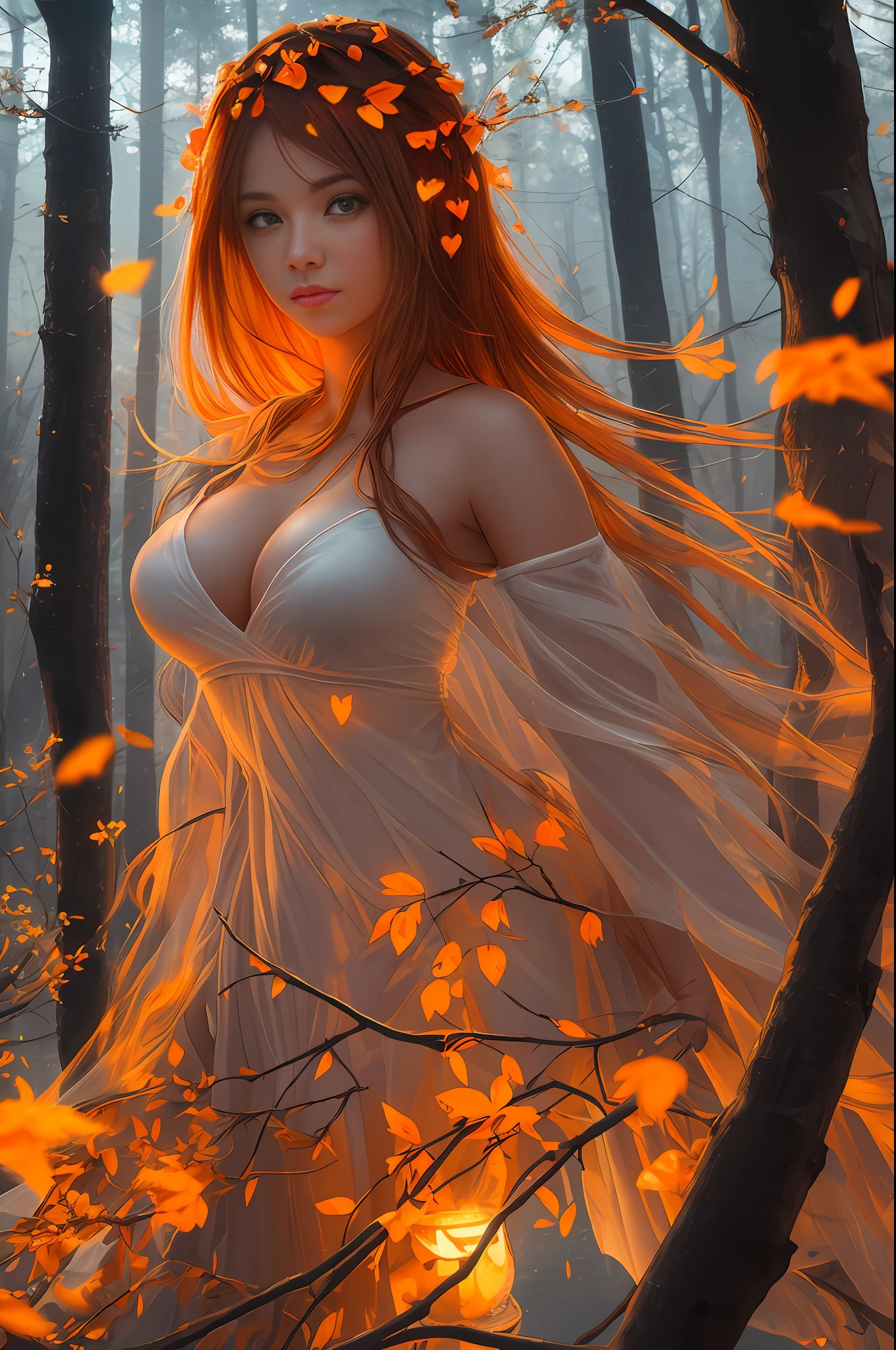 Beautiful Young Woman covered with tree branches , bright orange white glowing heart visible from human, Night time , colorful, photography hyperdetailed cinematic lighting hdr, softbox lighting, extreme detail --auto --s2