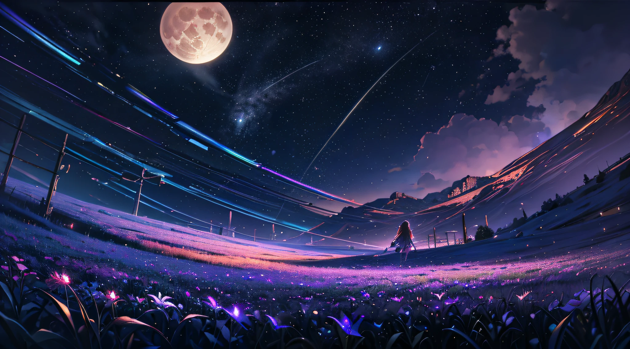 expansive landscape photograph , (a view from below that shows sky above and open field below), a girl standing on flower field looking up, (full moon:1.2), ( shooting stars:0.9), (nebula:1.3), distant mountain, tree BREAK production art, (warm light source:1.2), (Firefly:1.2), lamp, lot of purple and orange, intricate details, volumetric lighting BREAK (masterpiece:1.2), (best quality), 4k, ultra-detailed, (dynamic composition:1.4), highly detailed, colorful details,( iridescent colors:1.2), (glowing lighting, atmospheric lighting), dreamy, magical, (solo:1.2) --auto --s2