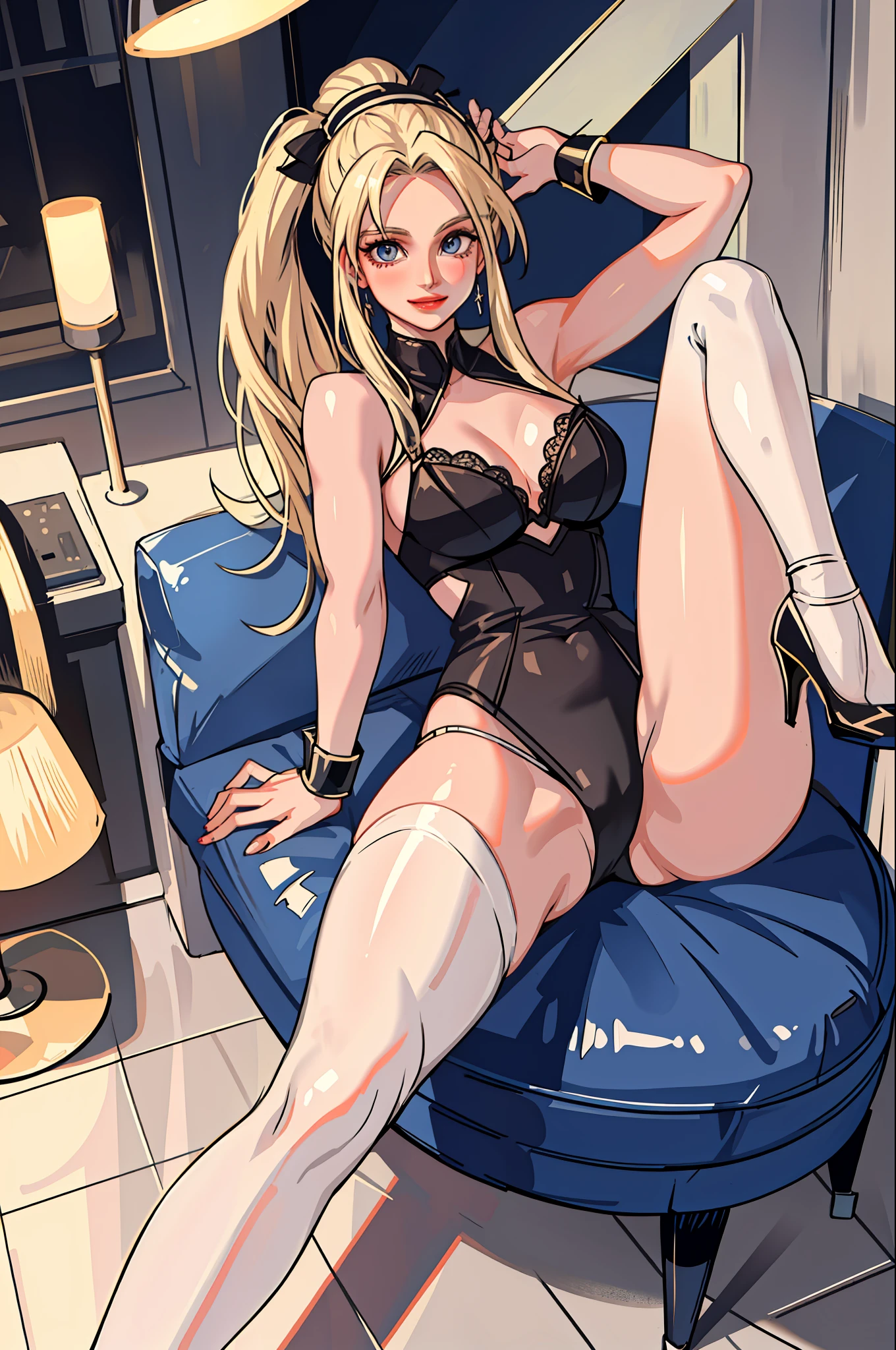 ((Britney Spears)), {{{masterpiece}}}, {realistic:1.2}, best quality, official art, extremely detailed CG unit 8k wallpaper, day, artbook, game_cg, ((Britney Spears 1girl)), NSFW, overexposed, milf, detailed bra, medium breasts, solo, long blonde hair, seductive smile, blue eyes, {white pantyhose}, high heels, nursing cap, crossed_legs, eye_contact, {beautiful detailed gradient eyes}, red lips, illustration, highlights, cinematic lighting, dramatic angle