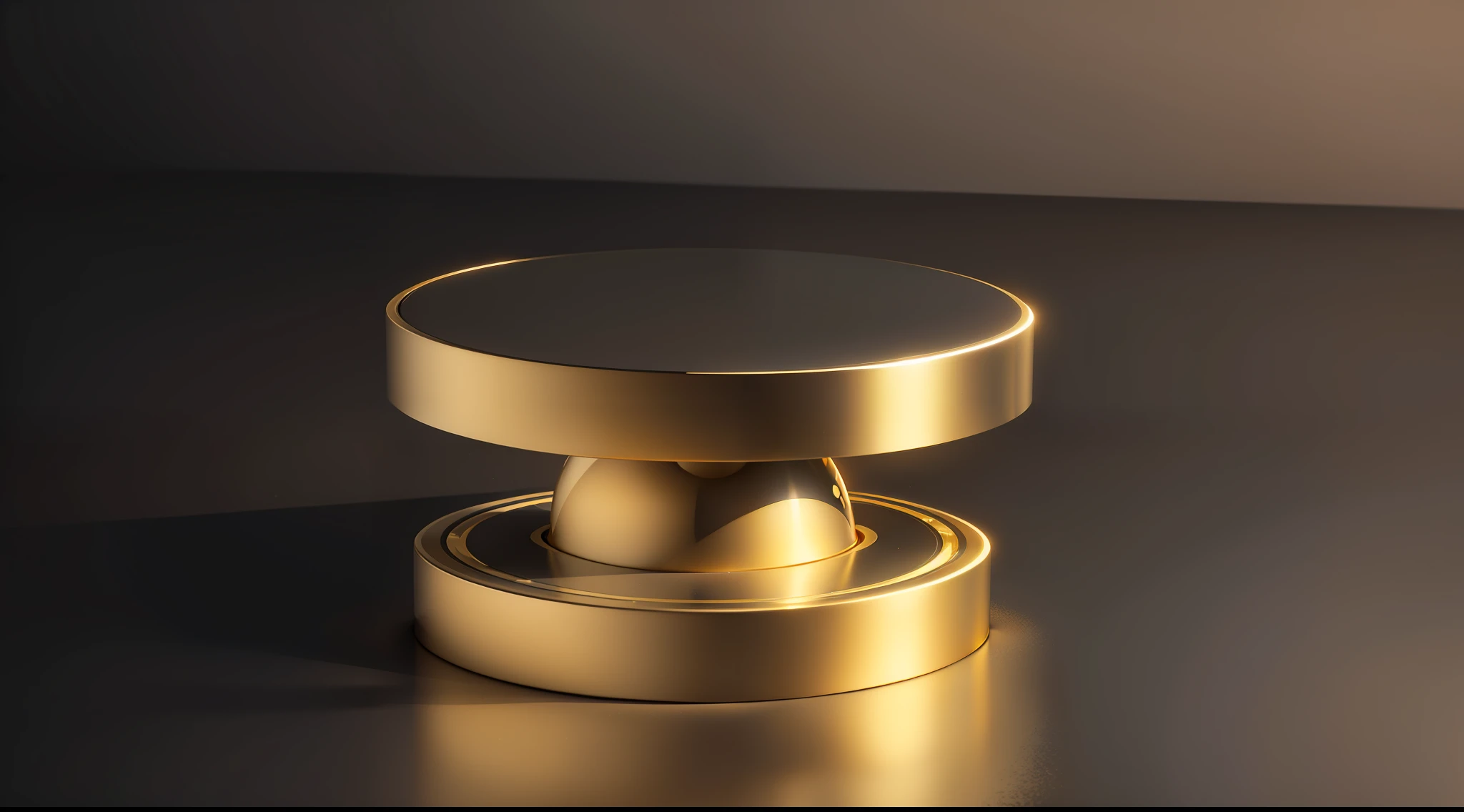 There are two golden pedestals, golden balls on black background, random round platform, 3D minimalism, minimalist composition, product rendering, glossy surface --auto --s2