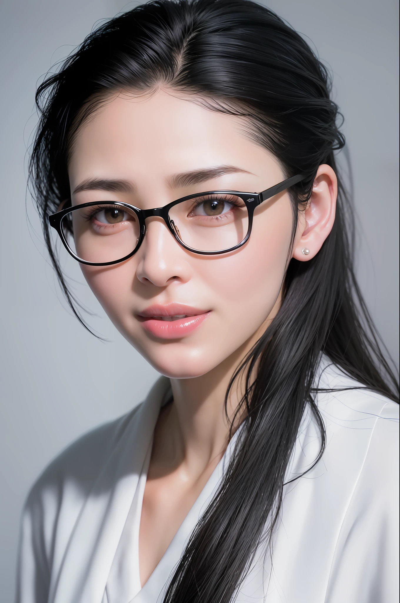 Portrait of an award-winning photo of Adr_dixim, black hair, wearing large glasses, wearing a white business suit, office background, DOF, extremely detailed, realistic, photorealistic posing in a black studio, (rim lighting,:1.4) two-tone lighting, sharp focus, octane, unreal, poorly lit, unobtrusive,