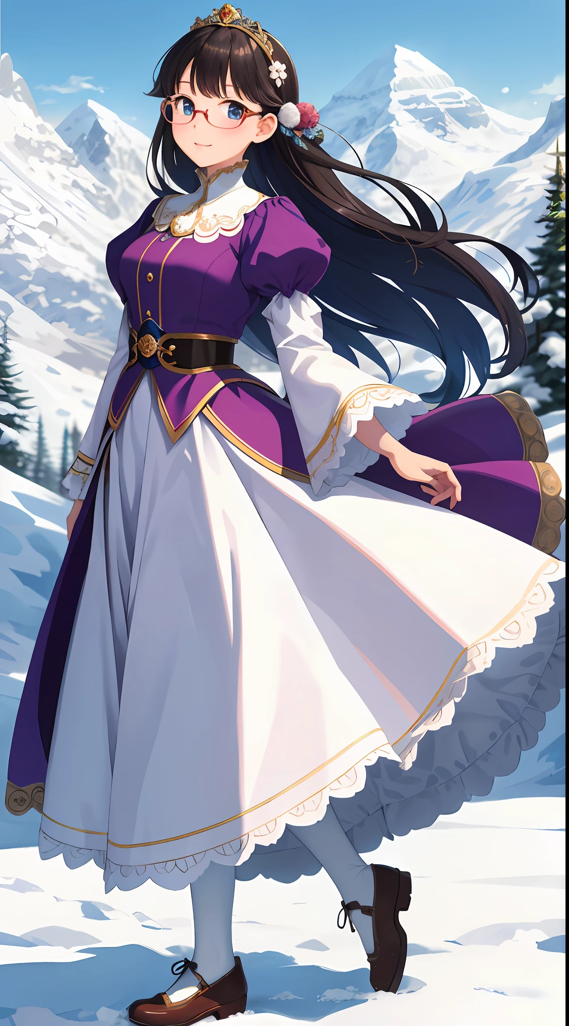 Masterpiece, best quality, beautiful art style, 1 girl, young woman, puff sleeves/princess sleeves, intellectual, round glasses, mountain, tiptoe, misako \(rcg\), snow frost,