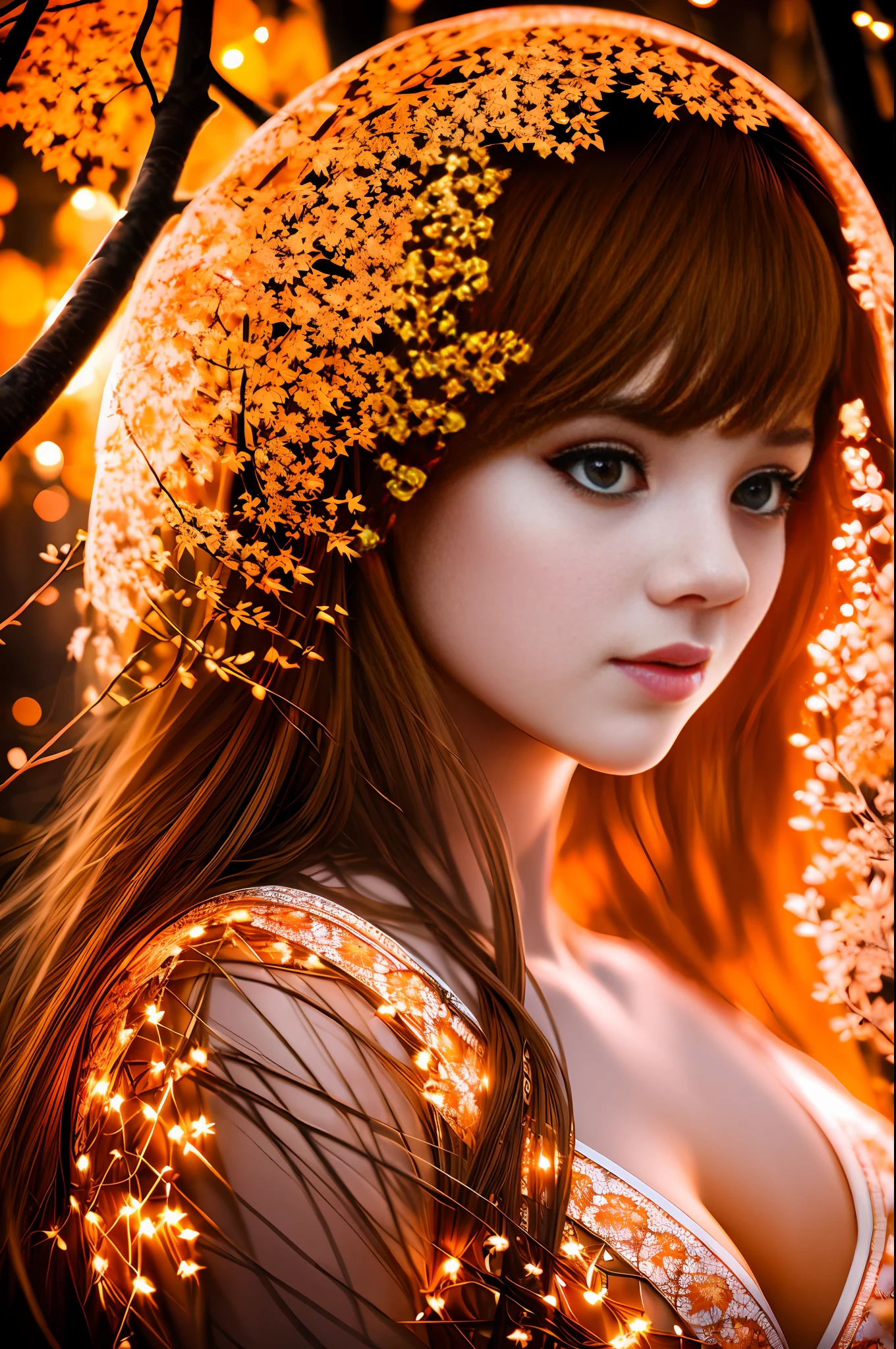 Beautiful Young Woman covered with tree branches , bright orange white glowing heart visible from human, Night time , colorful, photography hyperdetailed cinematic lighting hdr, softbox lighting, extreme detail --auto --s2