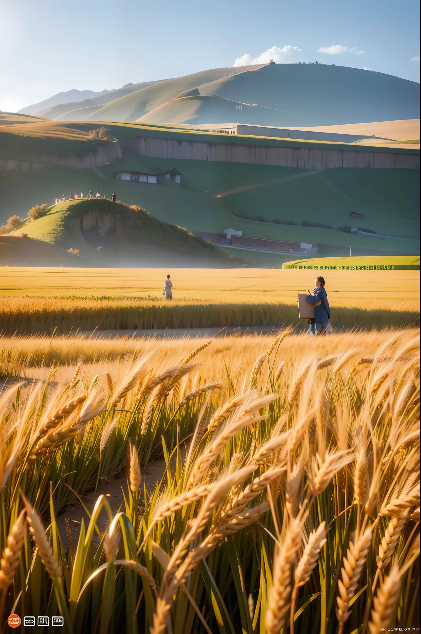 A poster, wheat field, solar term poster, busy people in the distance, 8K, poster, simple composition