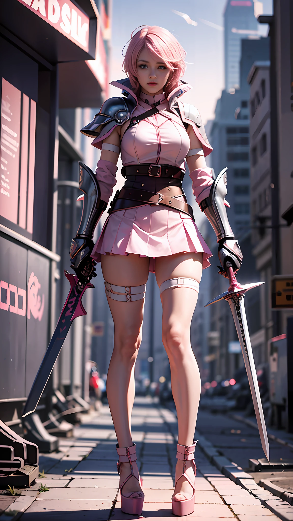 (Masterpiece), (Best Quality), Realism, Cinematic Light, Cool Pose, Battlefield Background, Perfect Figure, White Eyes, Short Pink Hair, Full Body, Long Legs, Pink Miniskirt, High Heels, Pink Longsword in Hand