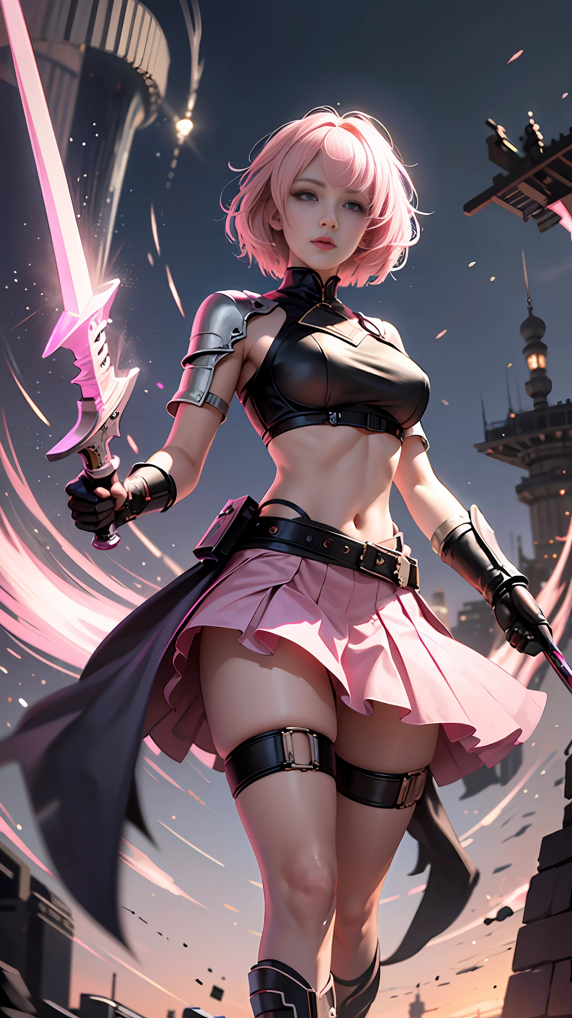 (Masterpiece), (Best Quality), Realism, Cinematic Light, Cool Pose, Battlefield Background, Perfect Figure, White Eyes, Short Pink Hair, Full Body, Long Legs, Pink Miniskirt, High Heels, Pink Longsword in Hand