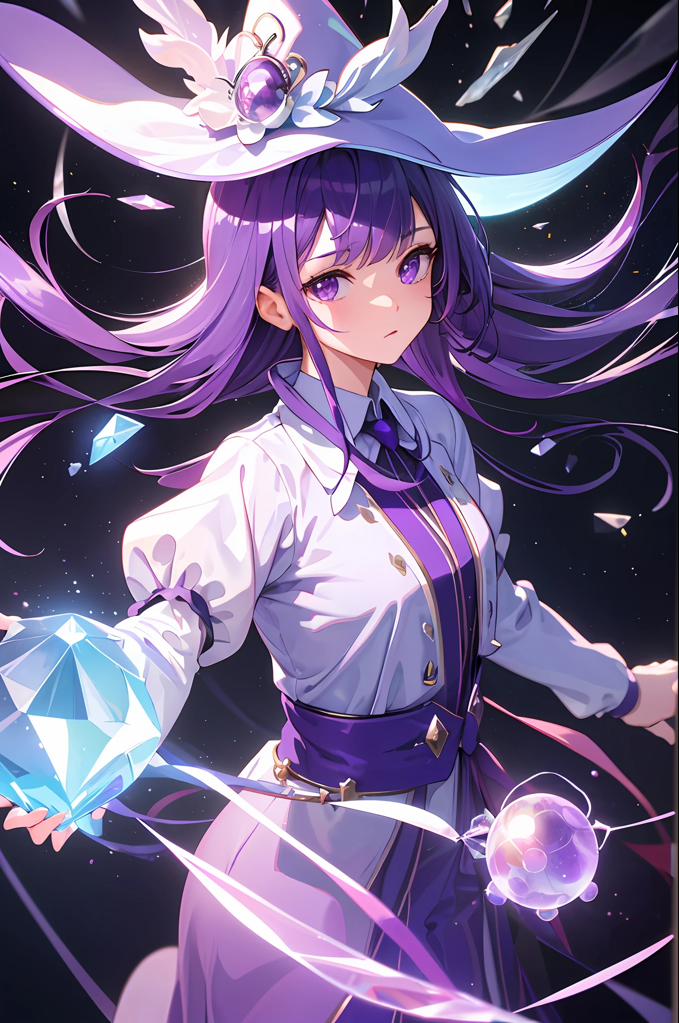(Mind-blowing 3D CG), (Flawless picture quality), (Surreal depth of field effect), (Clear and realistic detail), (Dreamy color scheme, purple hair), (Girl Magician), (Crystal Ball), (Mage Hat).
